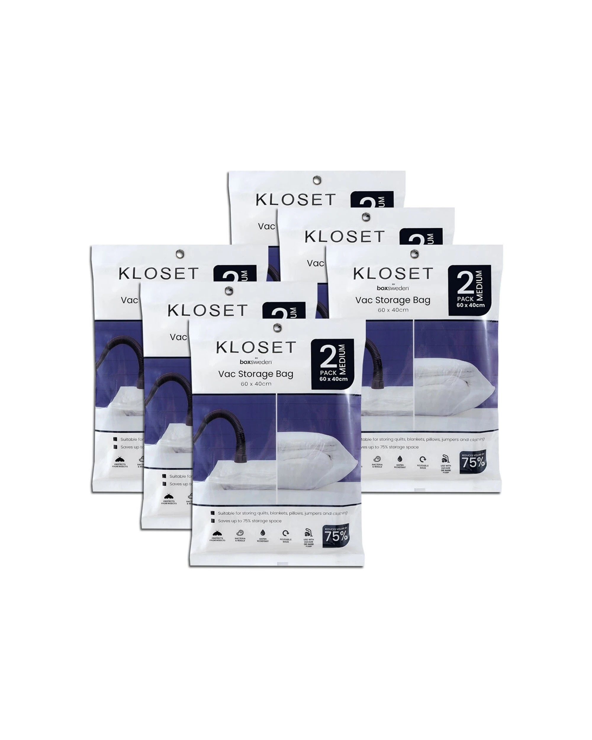 1 Boxsweden 6x 2PK Kloset Vac Storage Bag Organiser Reusable Space-Saver 60x40cm - Plain, 1 of 5