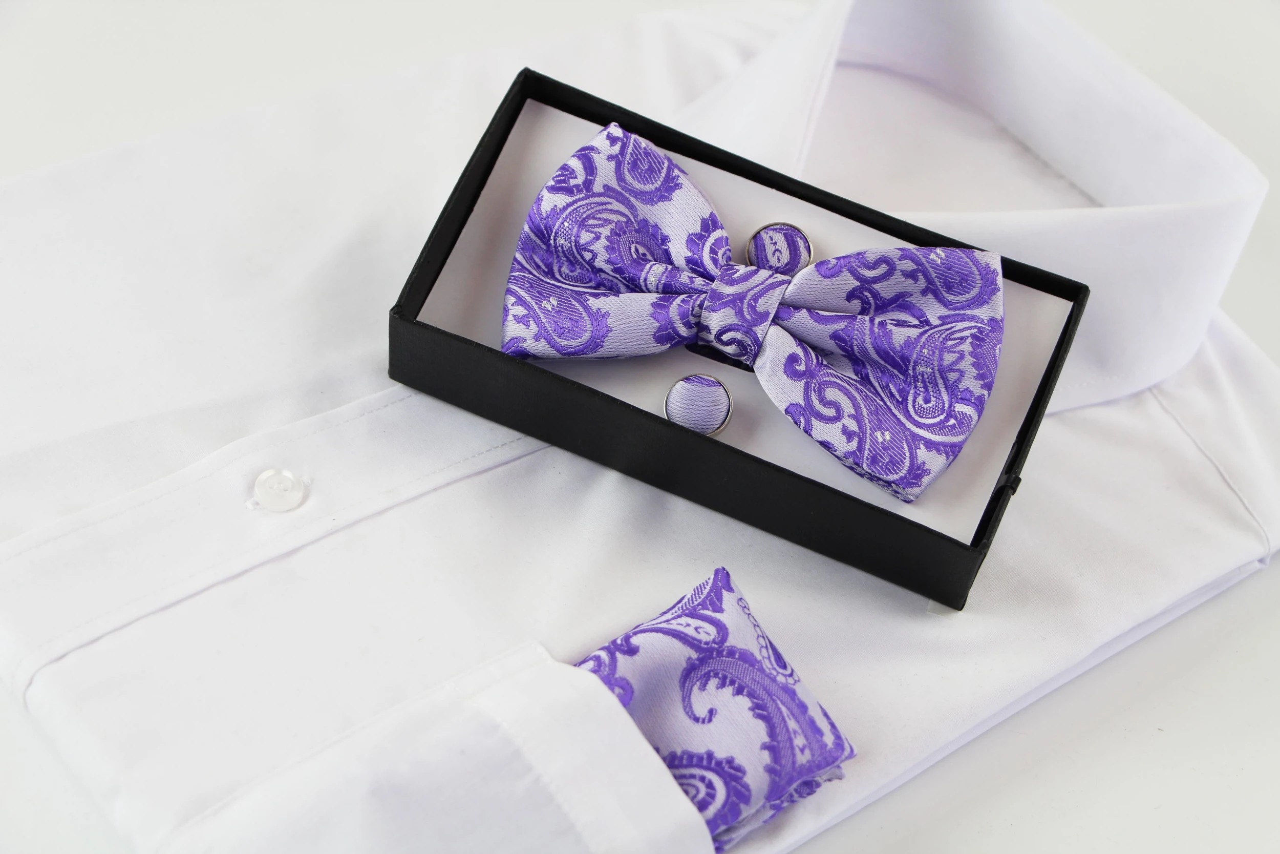 1 Zasel Mens Purple Paisley Matching Bow Tie, Pocket Square & Cuff Links Set - Multi, 1 of 1