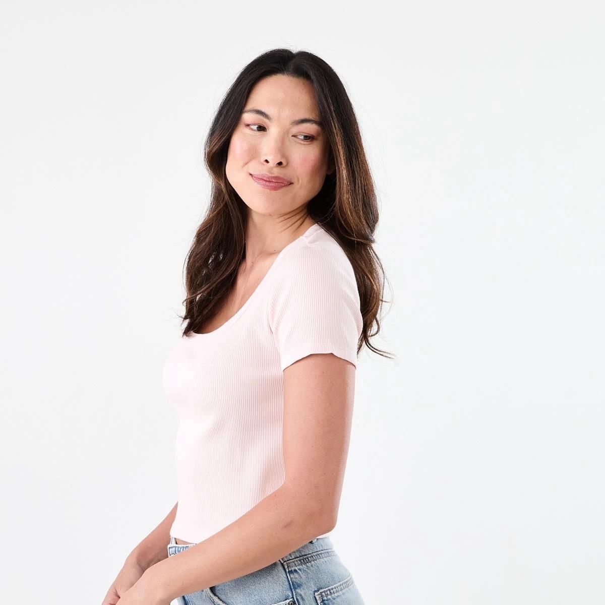 2 Short Sleeve Rib Square Neck T-shirt Soft Pink, 2 of 5