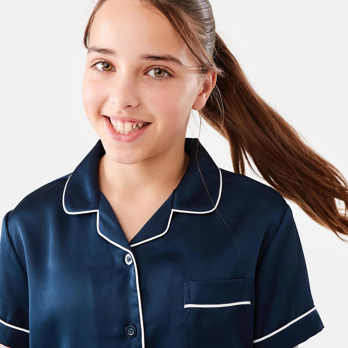 3 Short Sleeve Top and Shorts Satin Pyjama Set Dress Navy, 3 of 10