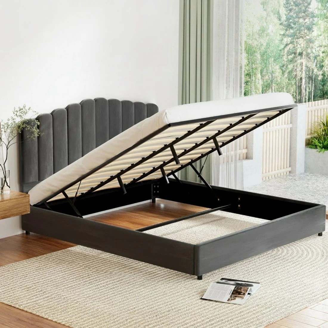 4 Artiss Bed Frame King Size Velvet  FION - Grey, 4 of 7