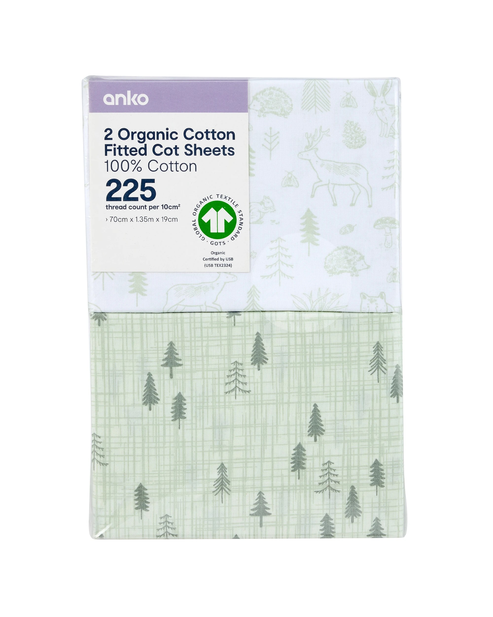 6 2 Pack 225 Thread Count Organic Cotton Fitted Cot Sheets - Woodlands, 6 of 6