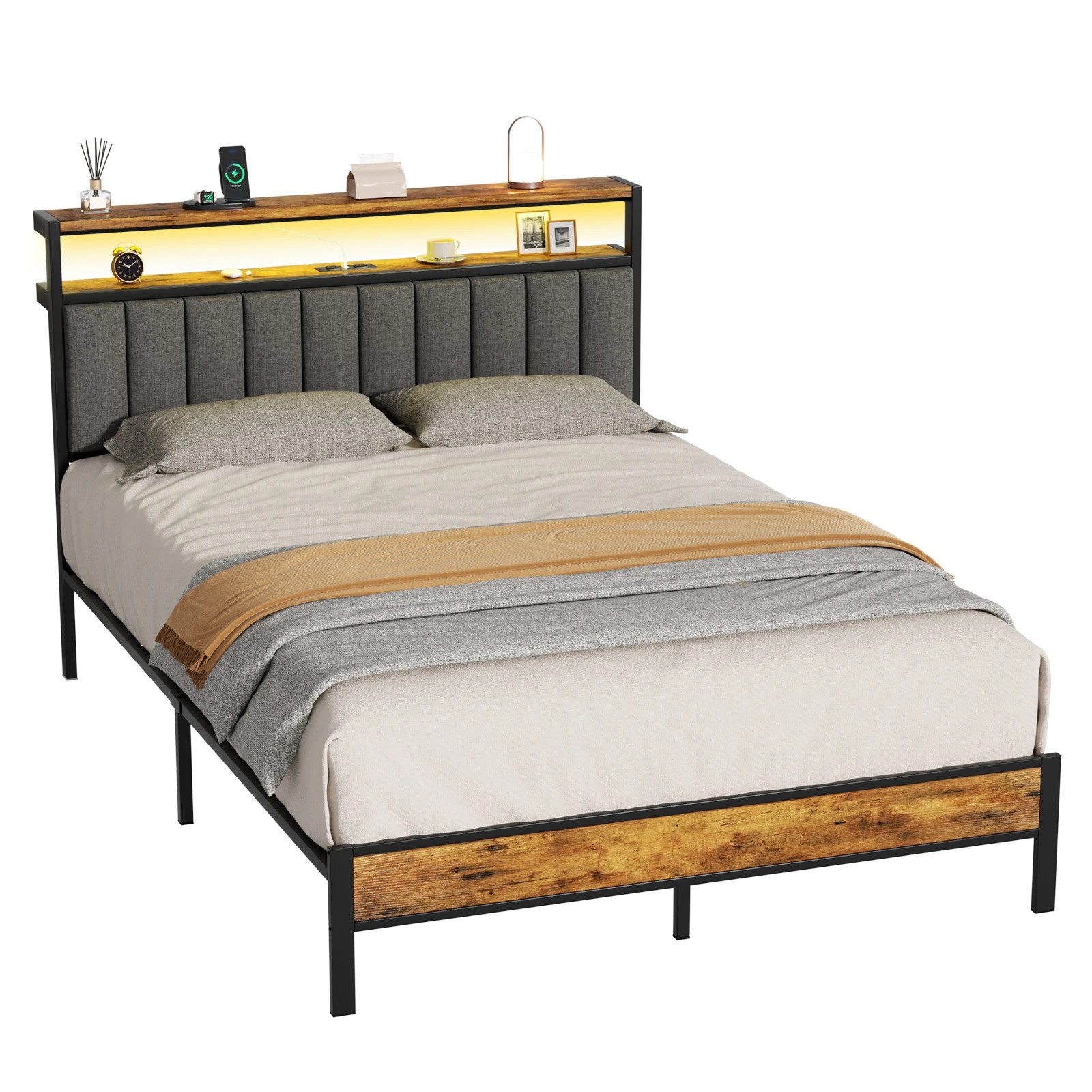 1 Advwin Queen Bed Frame with RGB LED and Charging Station - Grey, 1 of 8