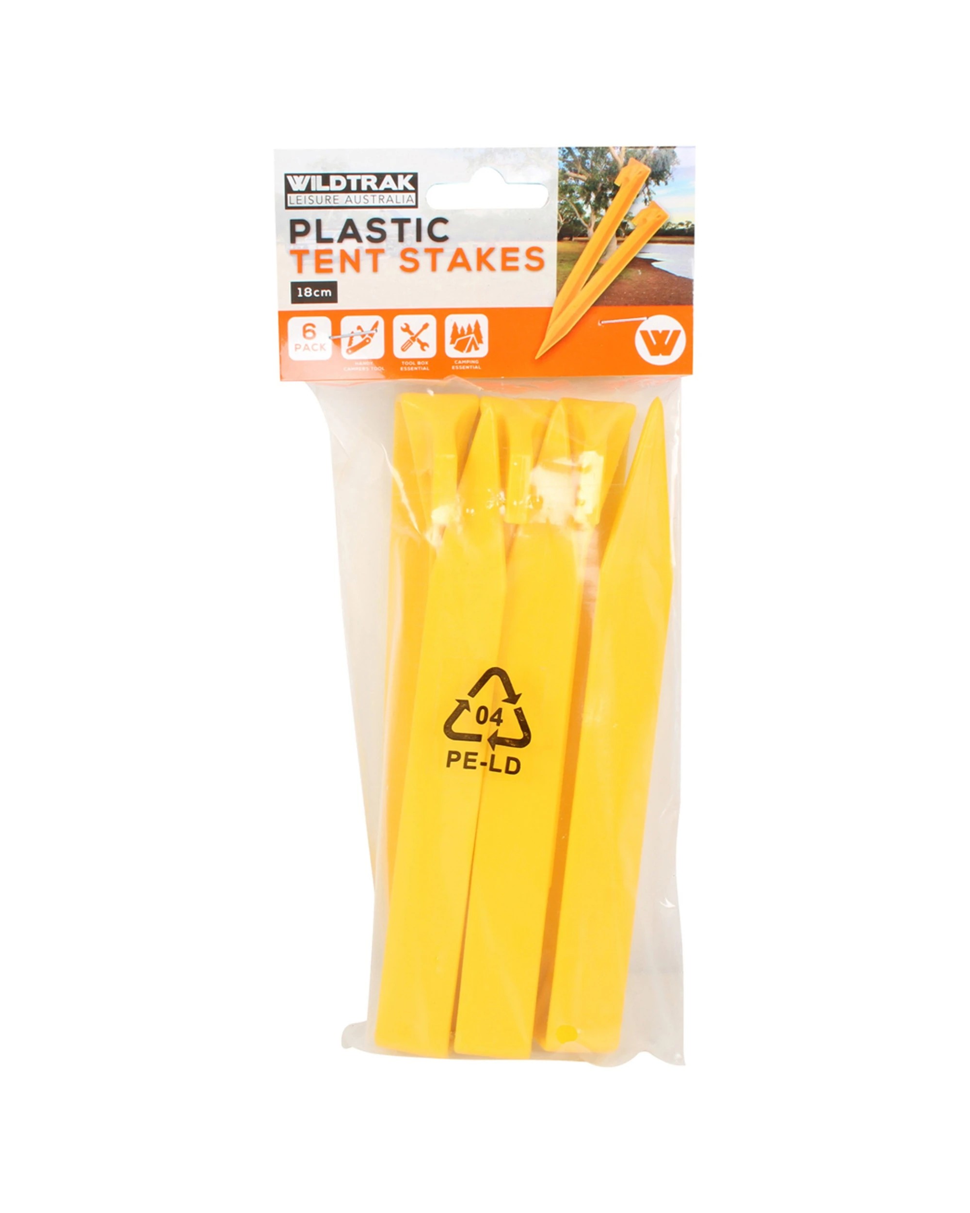 1 Wildtrak Tent Pegs 6 Pack 180mm Plastic Camping Accessories Stakes Anchors - Yellow, 1 of 1