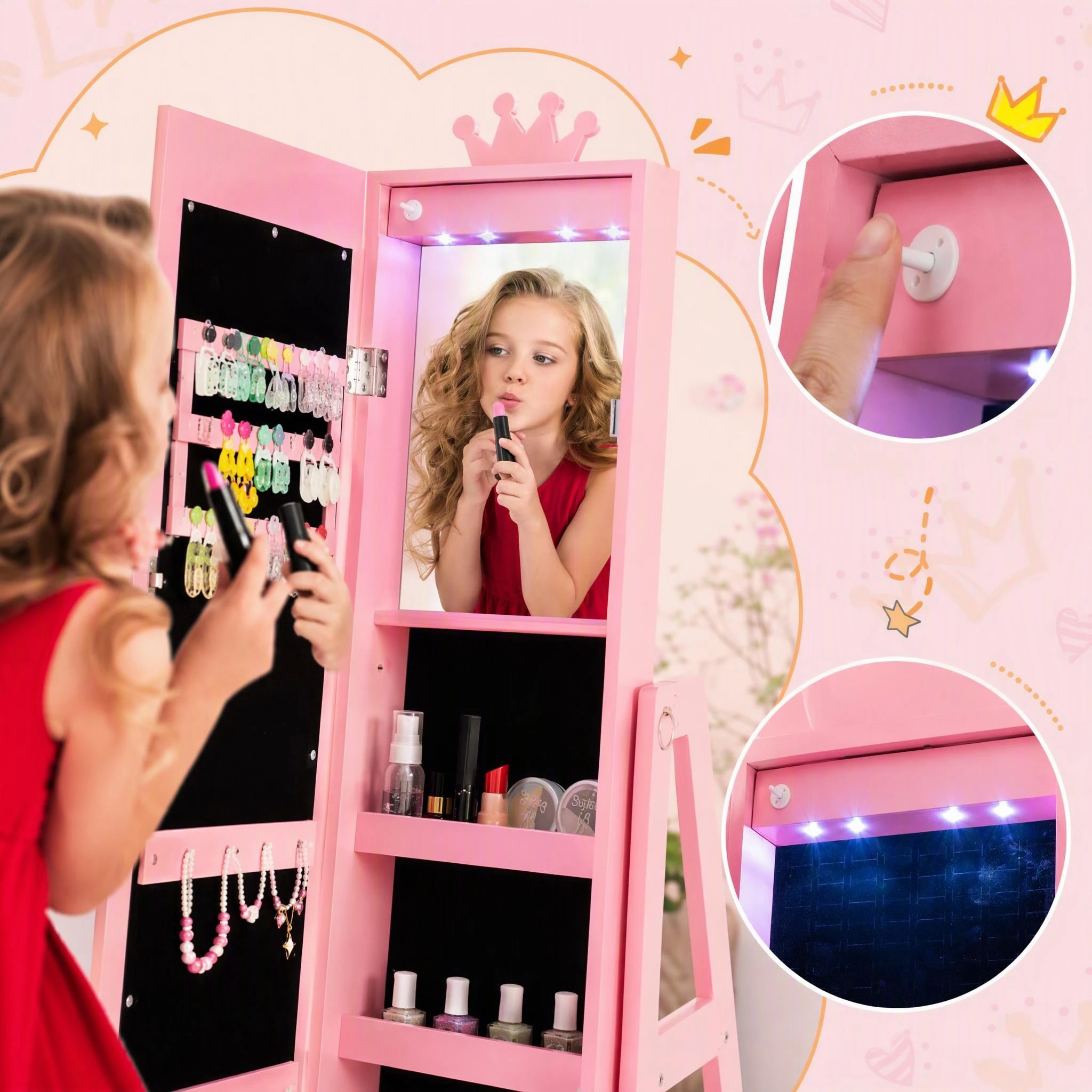 5 Costway Swivel Mirror Jewellery Cabinet Jewelry Organizer Standing Box Princess Armoire - Pink, 5 of 9