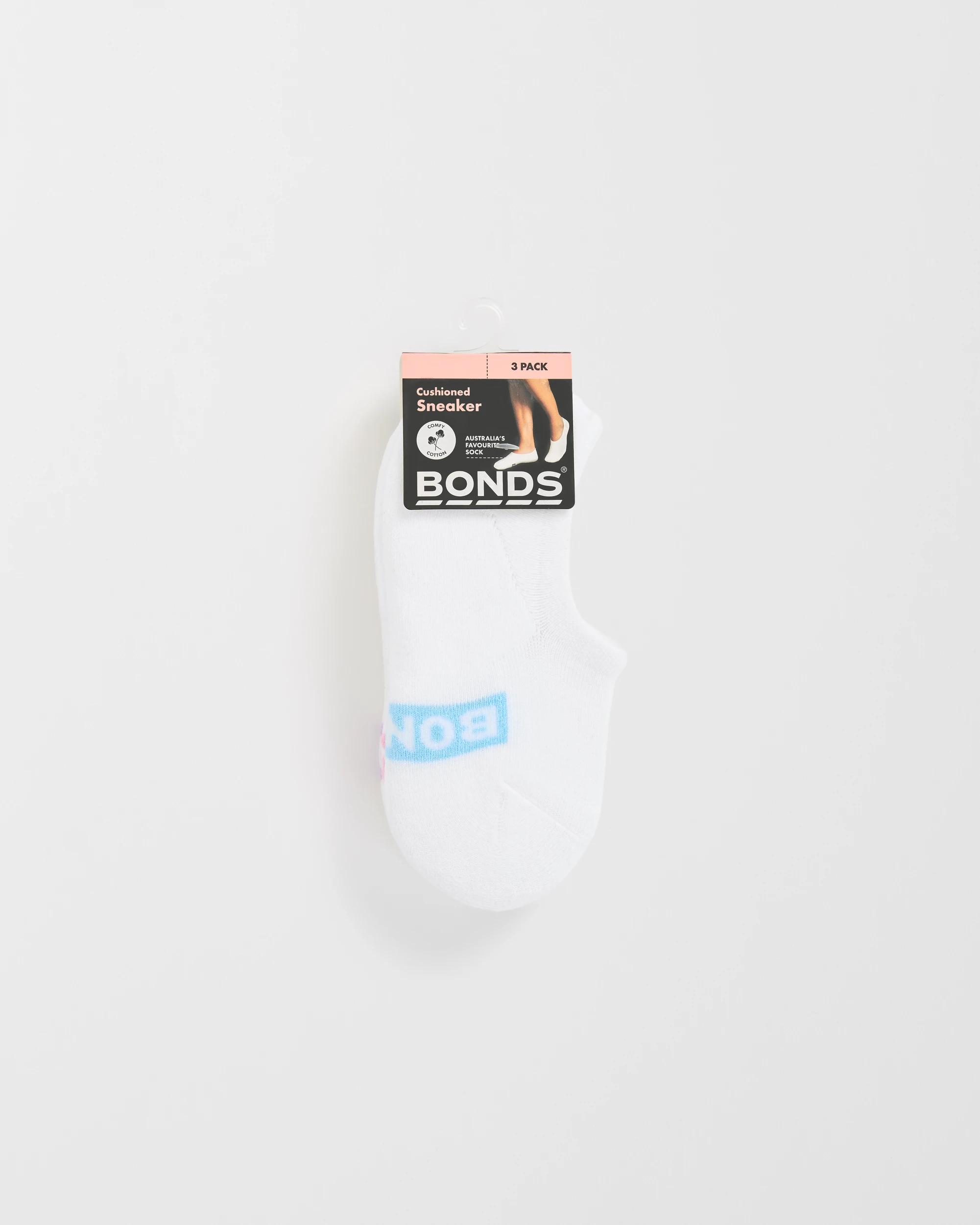 3 Women's Cotton Blend Cushioned Sneaker Socks 3 Pack - Bonds WHITE WITH BLUE/PINK/PURPLE, 3 of 3