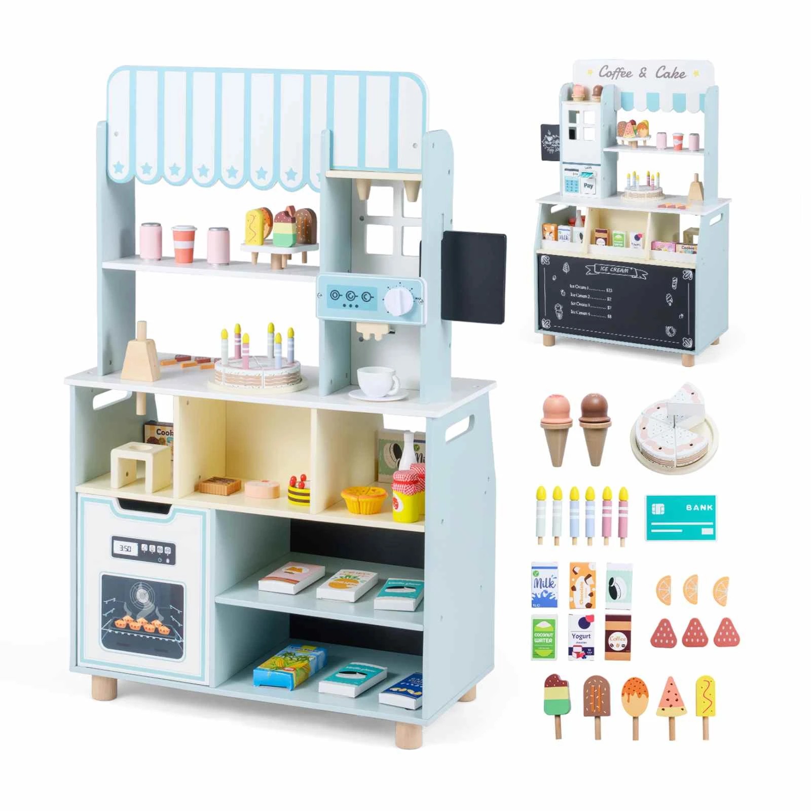1 Costway Wooden Ice Cream Stand Shop Pretend Play Grocery Store - Blue, 1 of 1