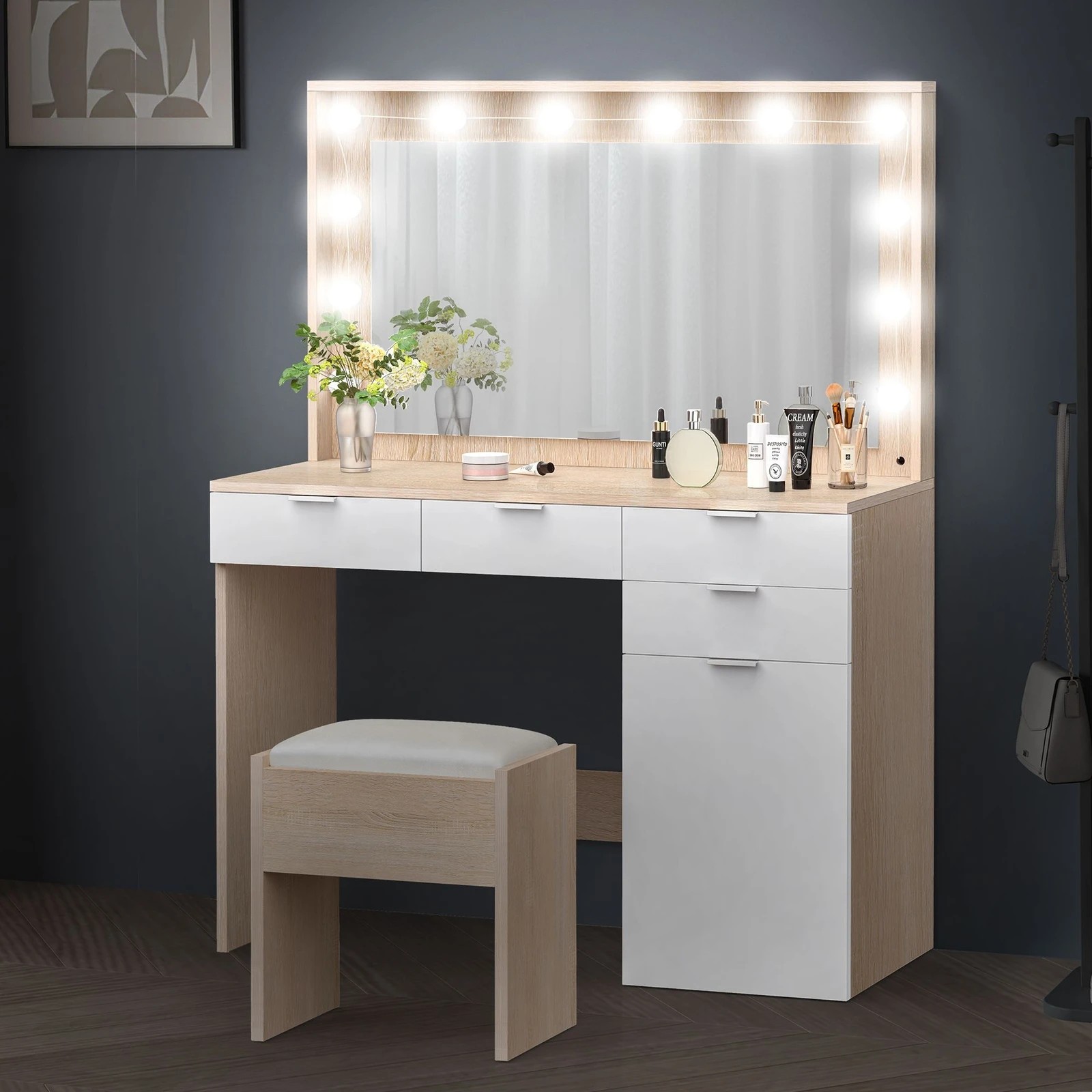 4 Alfordson Dressing Table Stool Set Makeup Mirror Desk 12 LED Bulbs - Oak, 4 of 10
