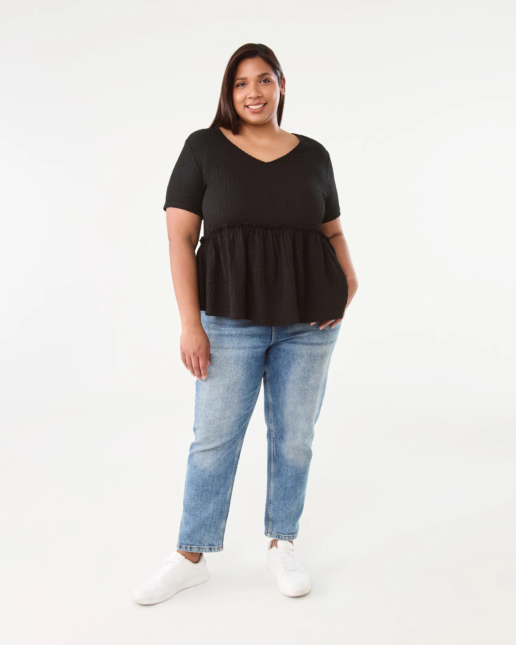 7 Curve Short Sleeve Textured Peplum Top Black, 7 of 7