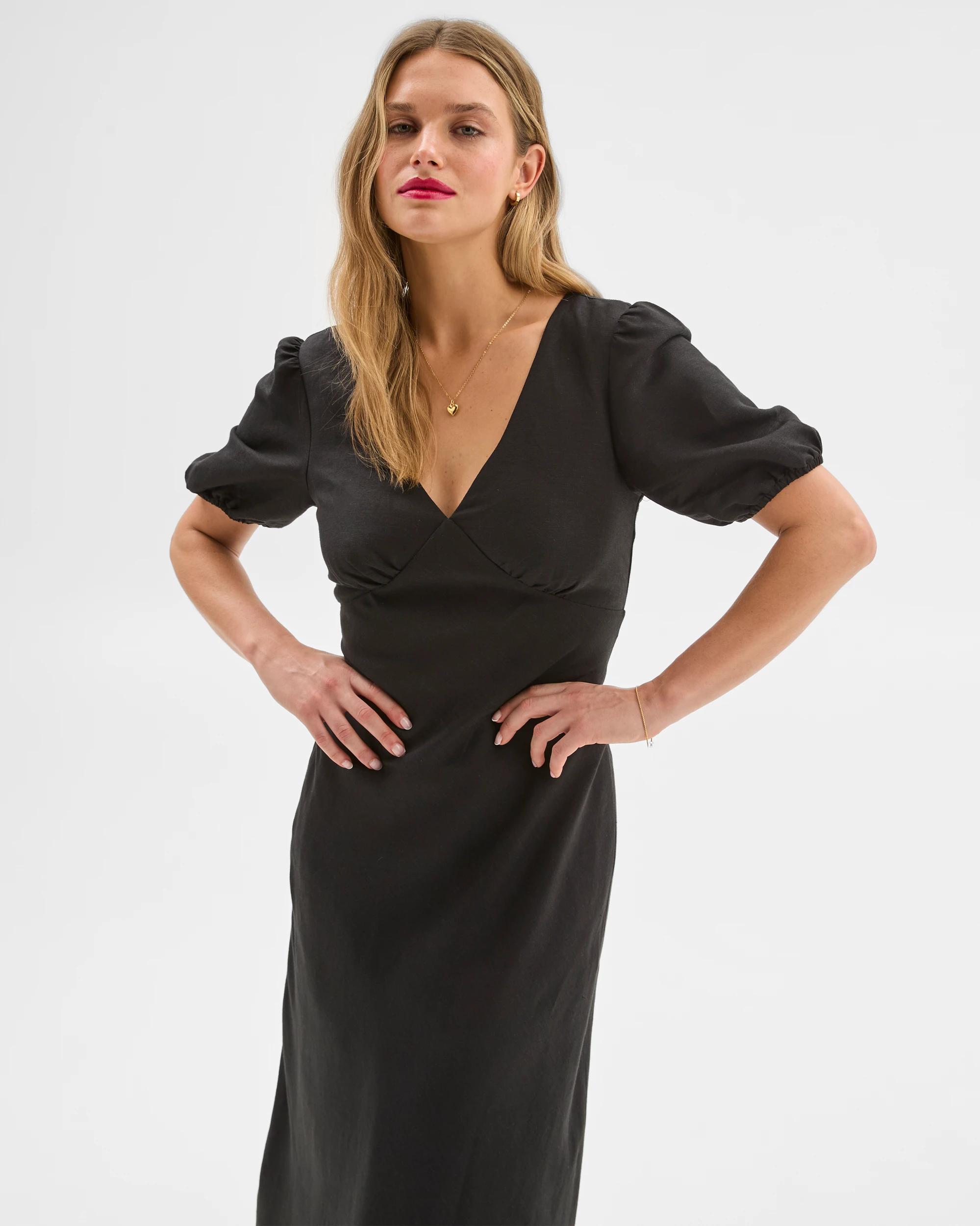 4 European Linen Blend Puff Sleeve Maxi Dress - Lily Loves BLACK, 4 of 6