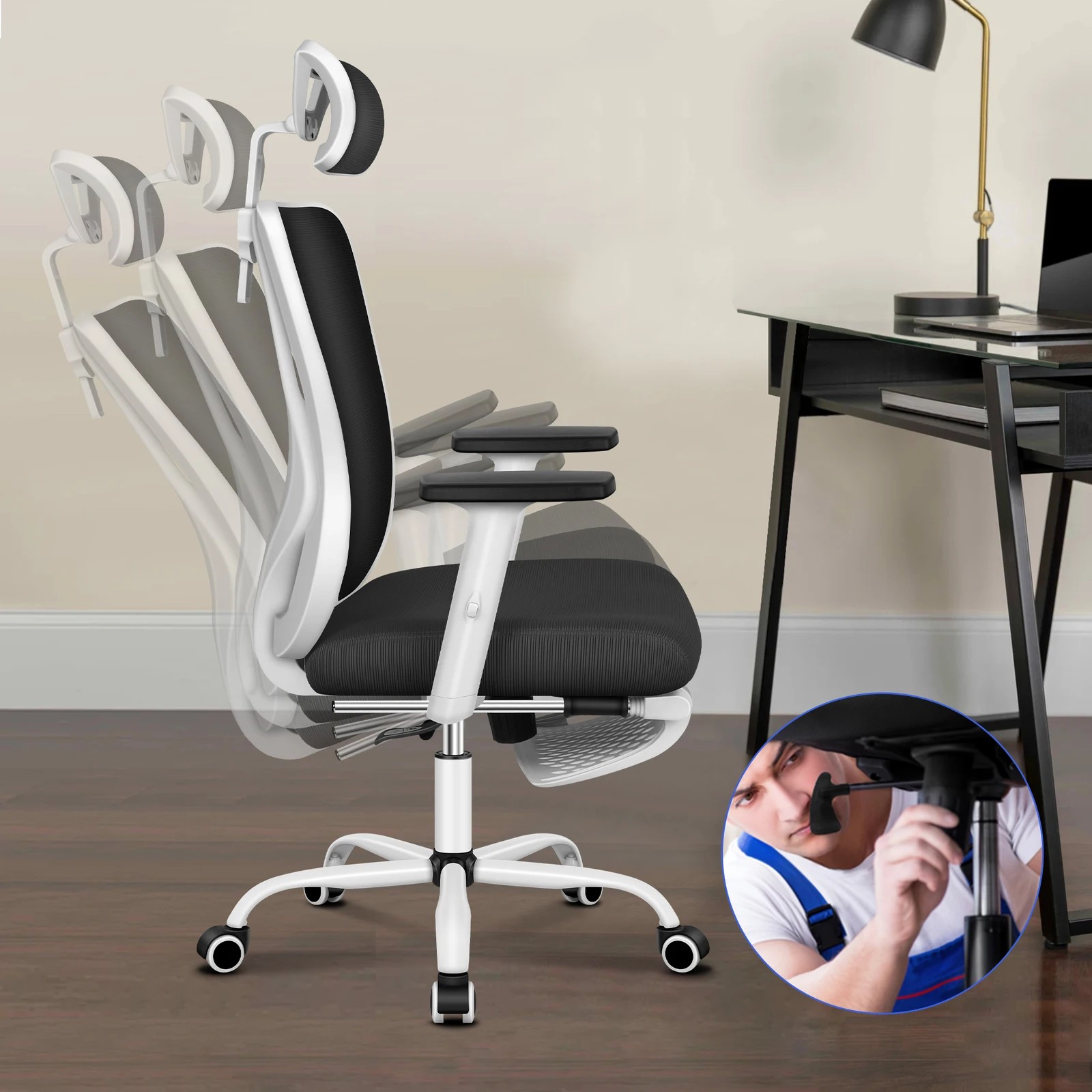 6 Alfordson Office Chair Mesh Ergonomic Executive Seat Work Computer Gaming - Black White, 6 of 10