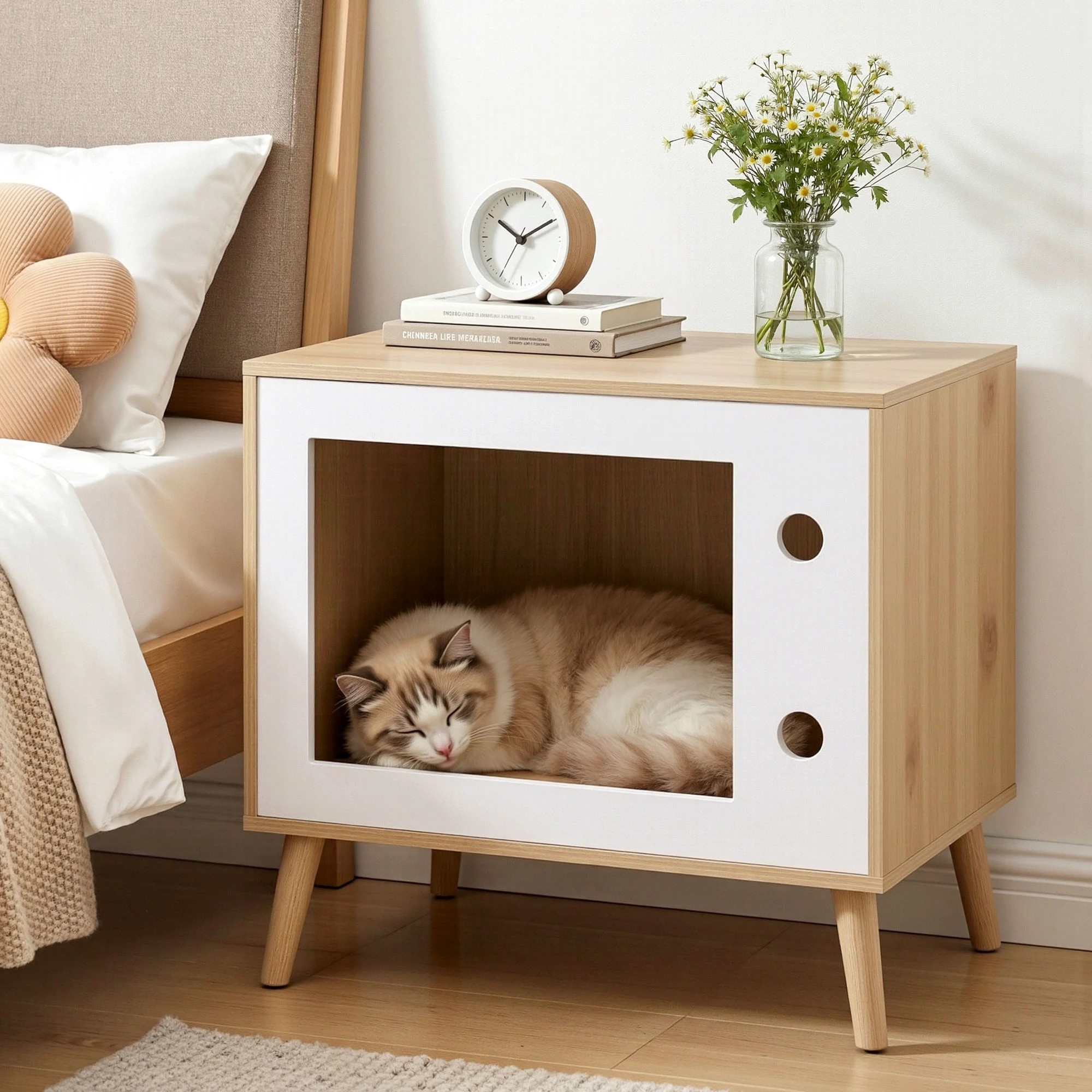 7 Artiss Cat Nest House Bedside Table Solid Wood Storage Cat Bed 60cm - Natural, 7 of 7
