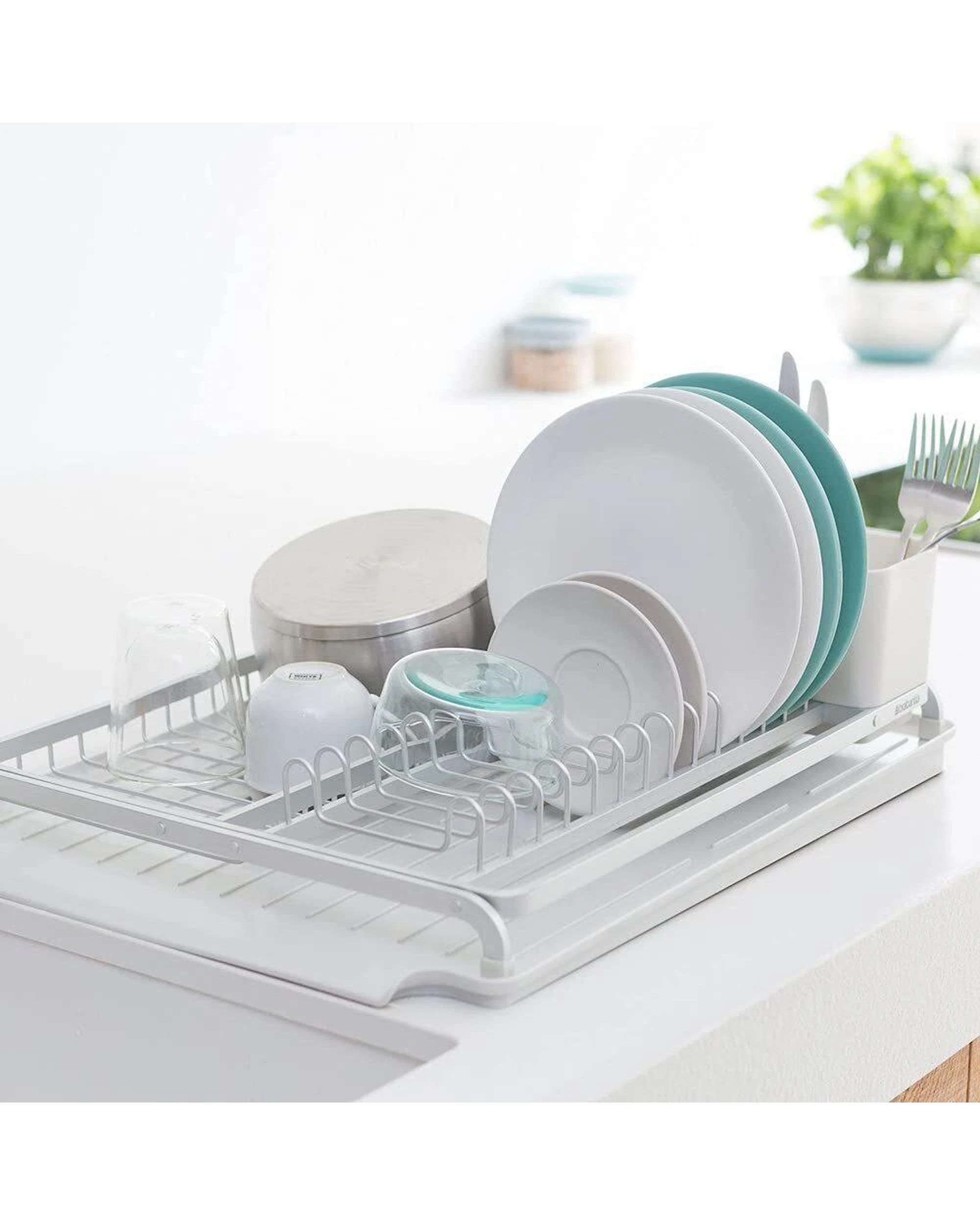 2 Brabantia Dish Drying Rack Kitchen Organiser w Utensils Holder  Drip Tray  Light Grey, 2 of 5
