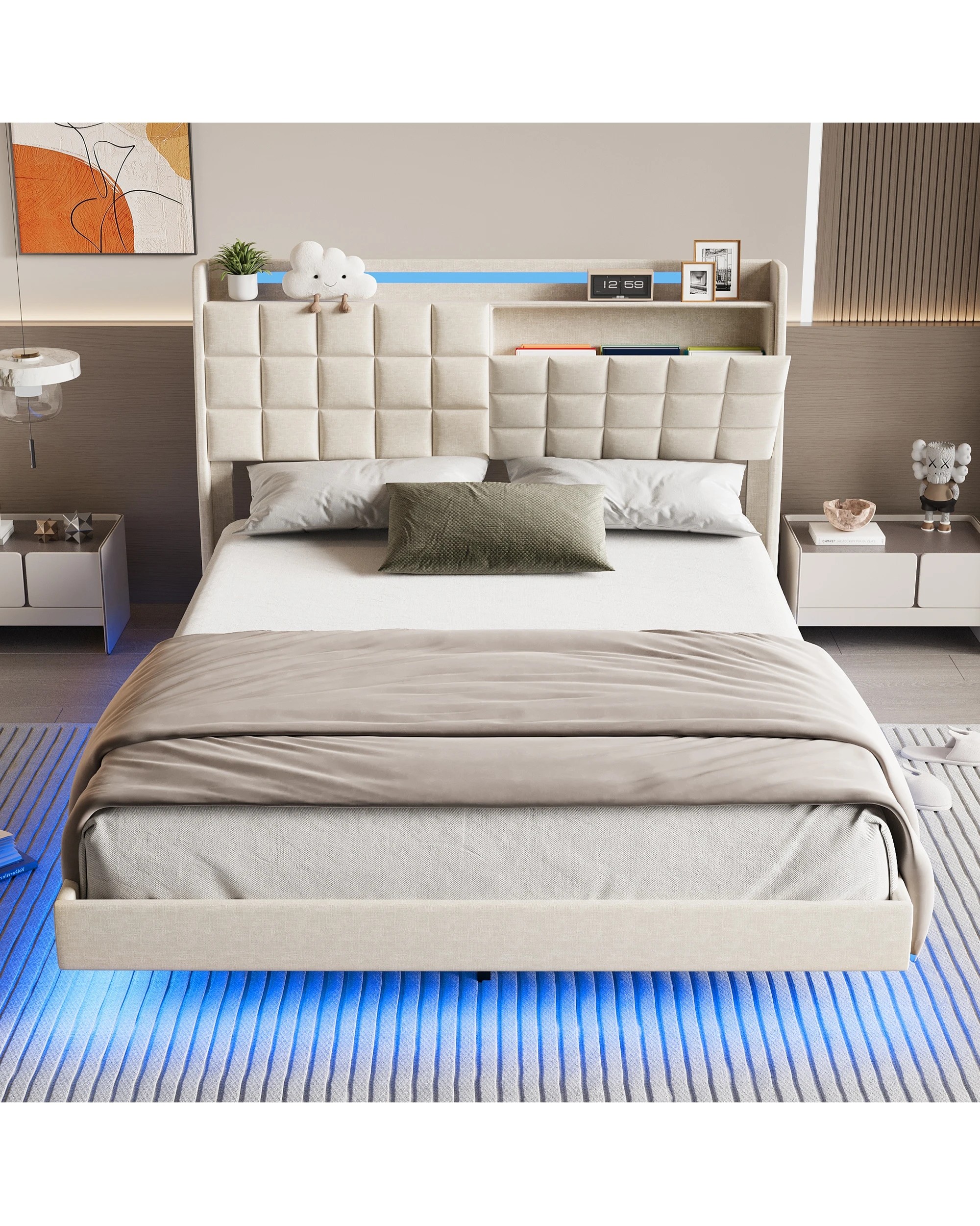 6 Advwin Queen Floating Bed Frame with LED Lights and Storage Headboard - Beige, 6 of 6