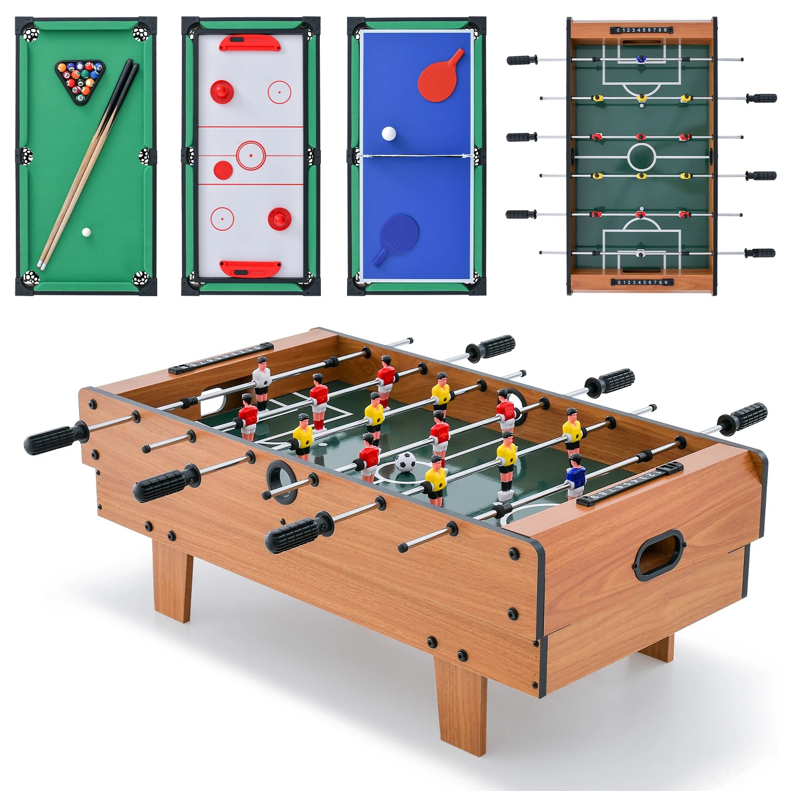 1 Costway 4 in 1 Combo Game Table Set Foosball Table w/Billiards Ping Pong Hockey & Complete Accessories - Brown, 1 of 1
