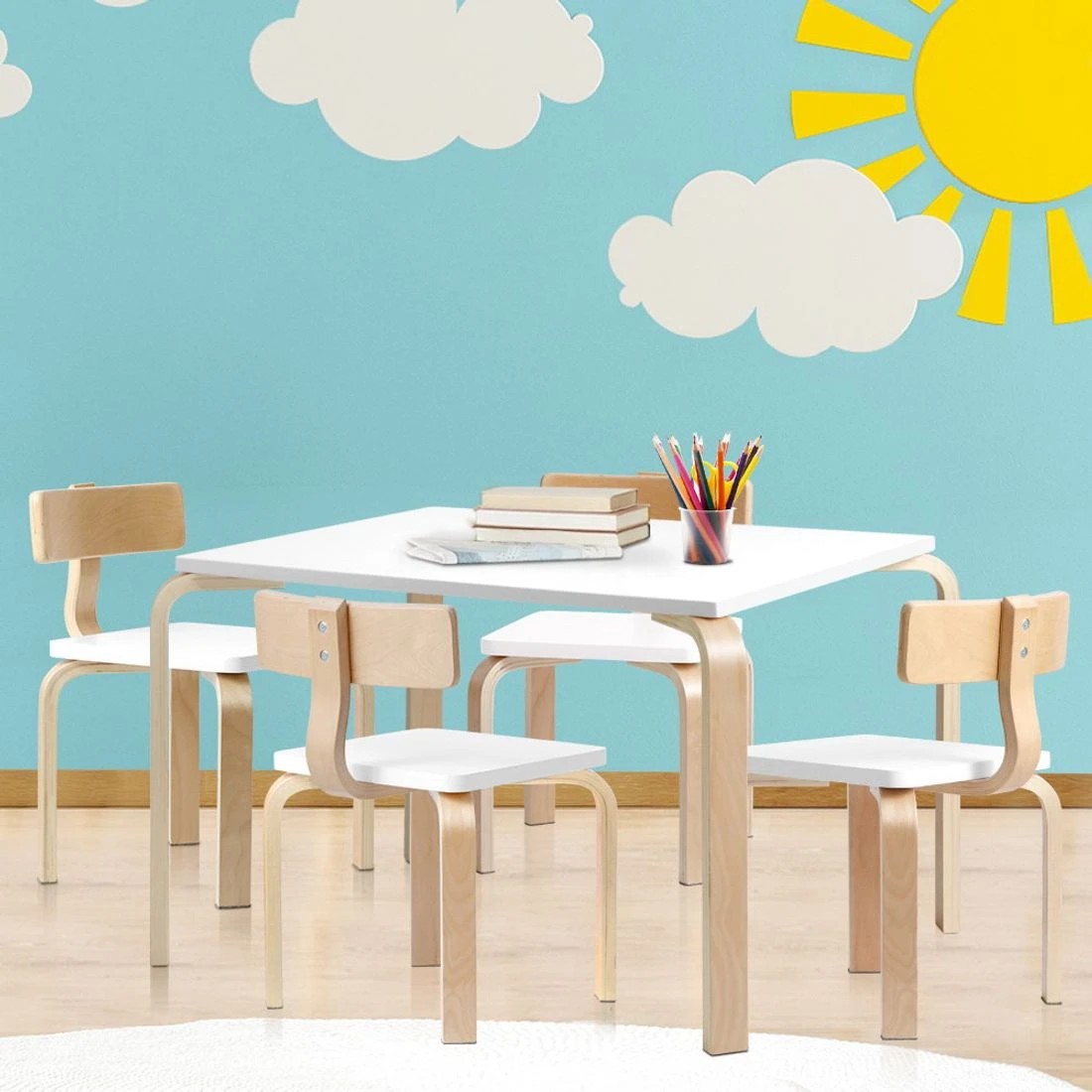 8 Keezi 5PCS Kids Table and Chairs Set Activity Toy Play Desk - White, 8 of 8