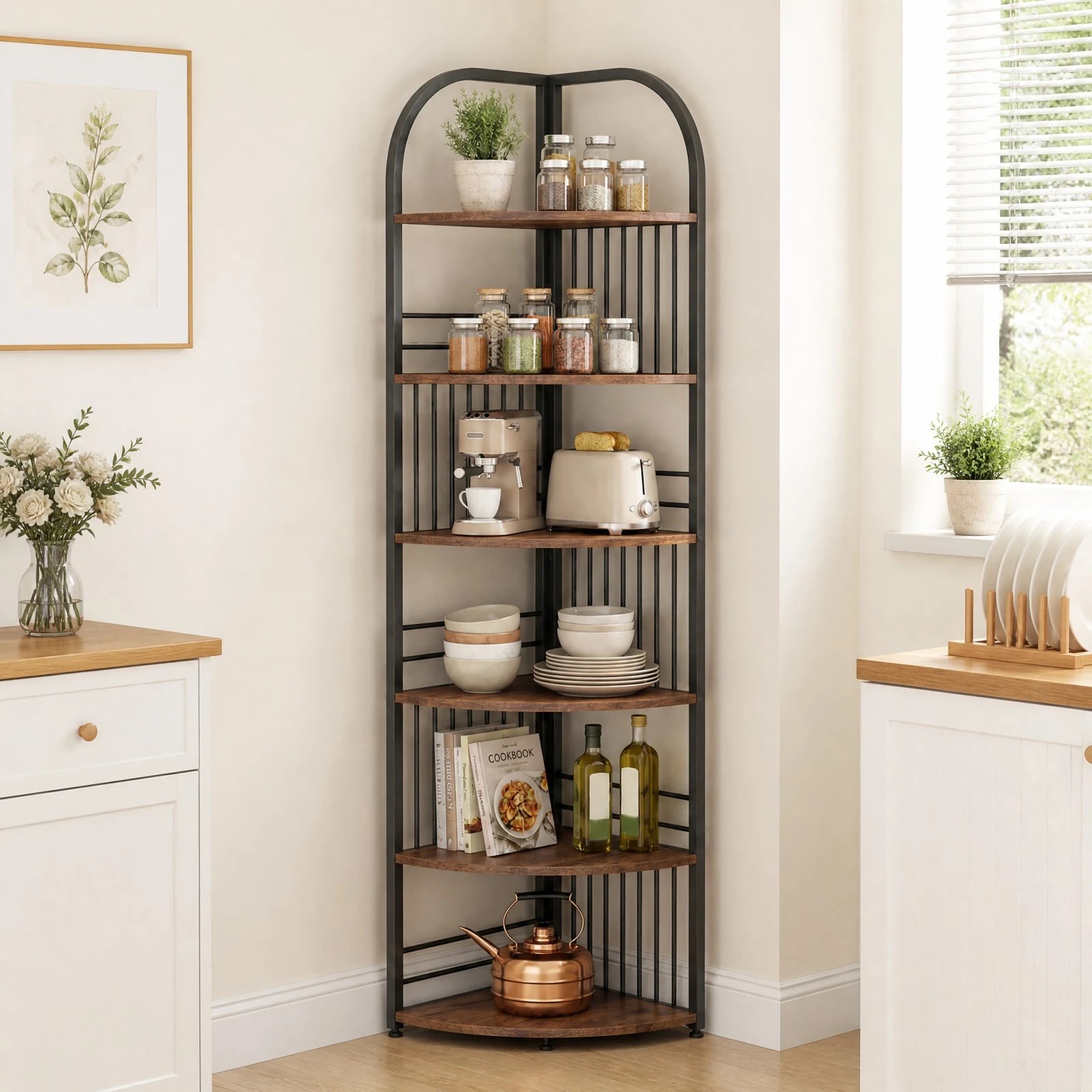 2 Costway 5-Tier Folding Bookshelf Corner Shelf Open Display Rack Metal Shelving Unit Plant Stand - Brown, 2 of 5