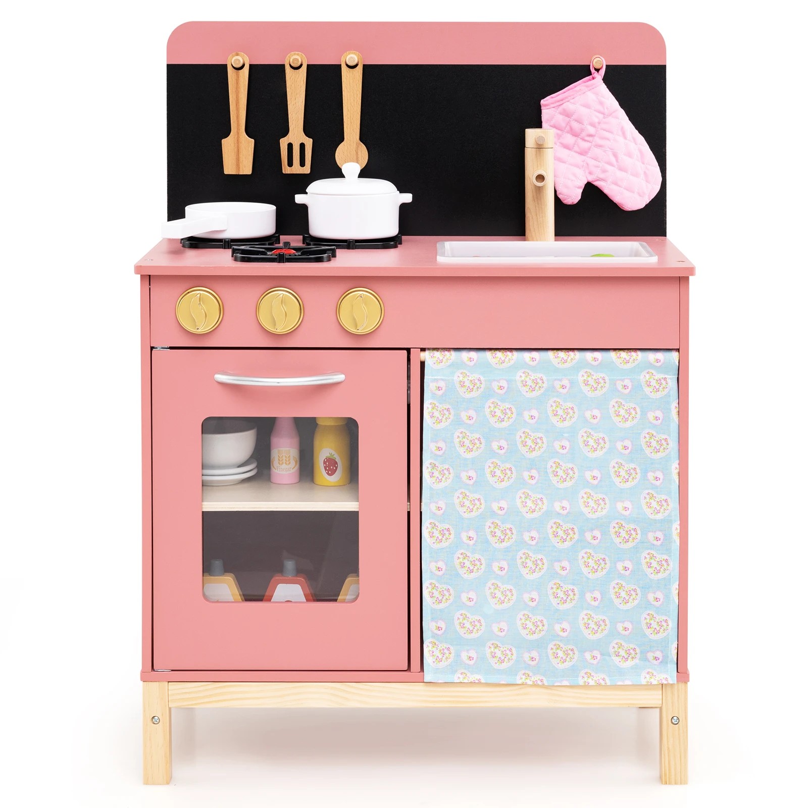 1 Costway Kitchen Playset Wooden Pretend Cooking Toy w/Door Curtain - Multi, 1 of 1