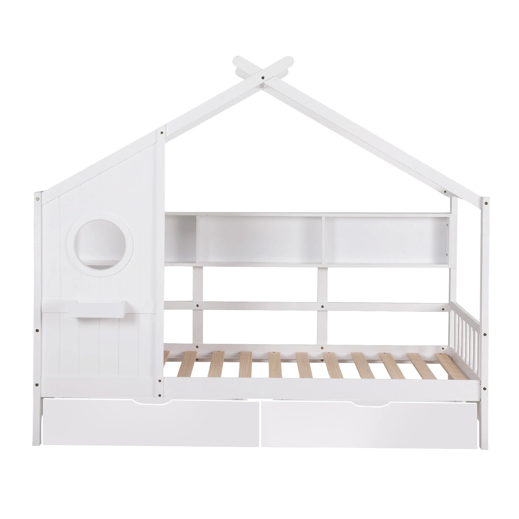 3 Artiss Kids Single Bed Frame with 3 Storage Bookcase & 2 Drawers House Bed Solid Wood Montessori Bed Easy - White, 3 of 3
