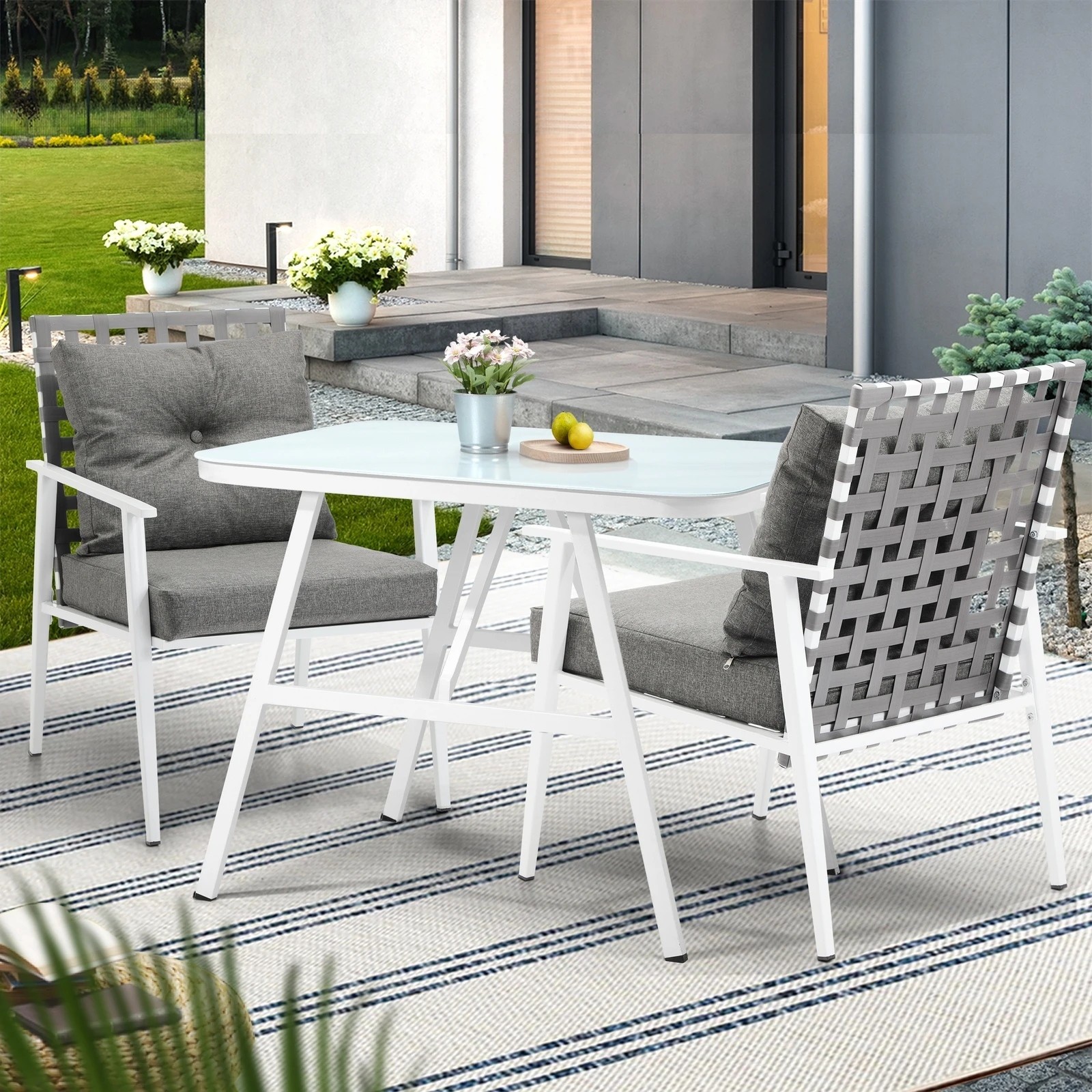 4 Livsip Outdoor Dining Set Rattan Chair Marble-style Table Garden Patio Furniture - Multi, 4 of 9