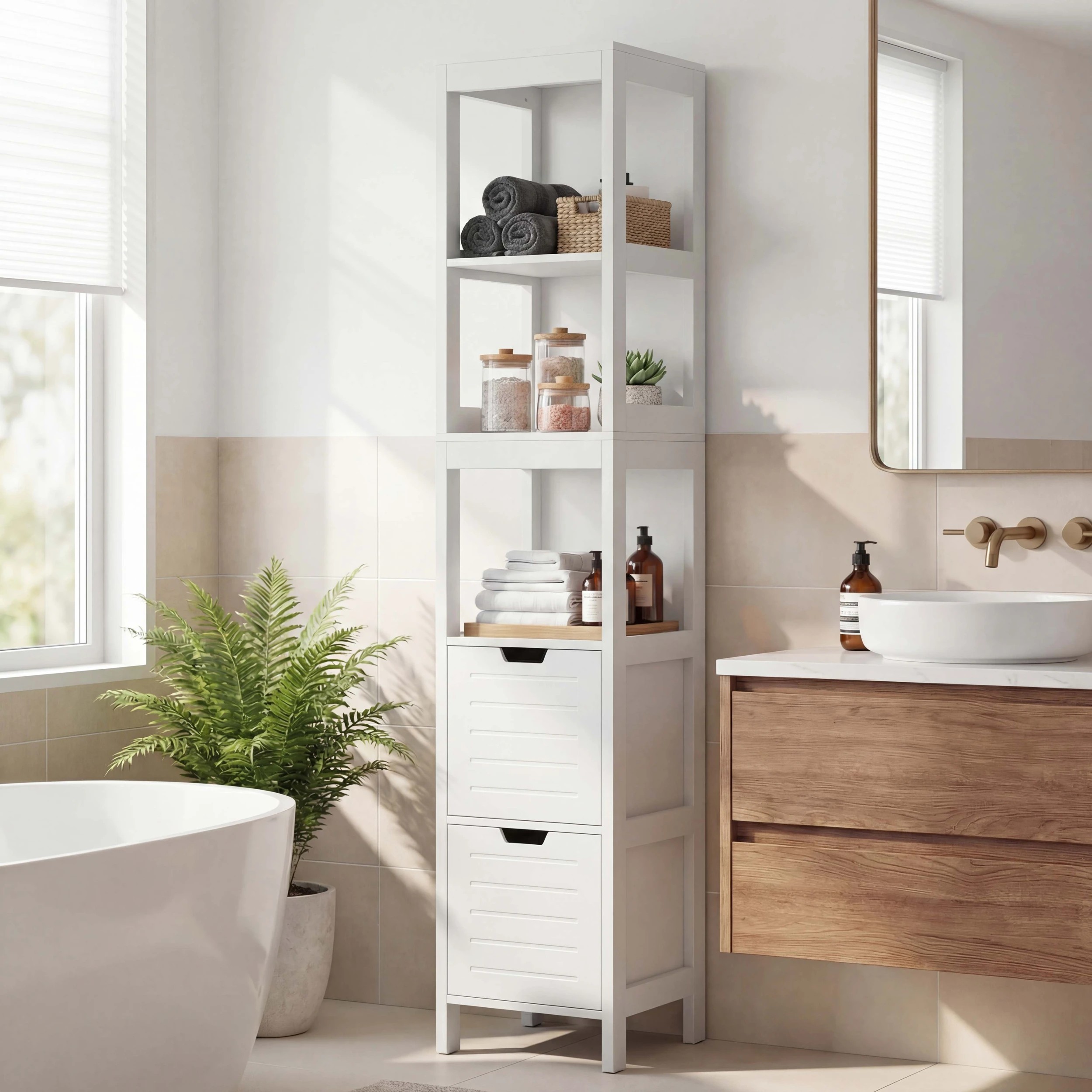 2 Costway 145cm Bathroom Cabinet 5-Tier Wood Storage Organiser w/2 Drawer, 2 of 5