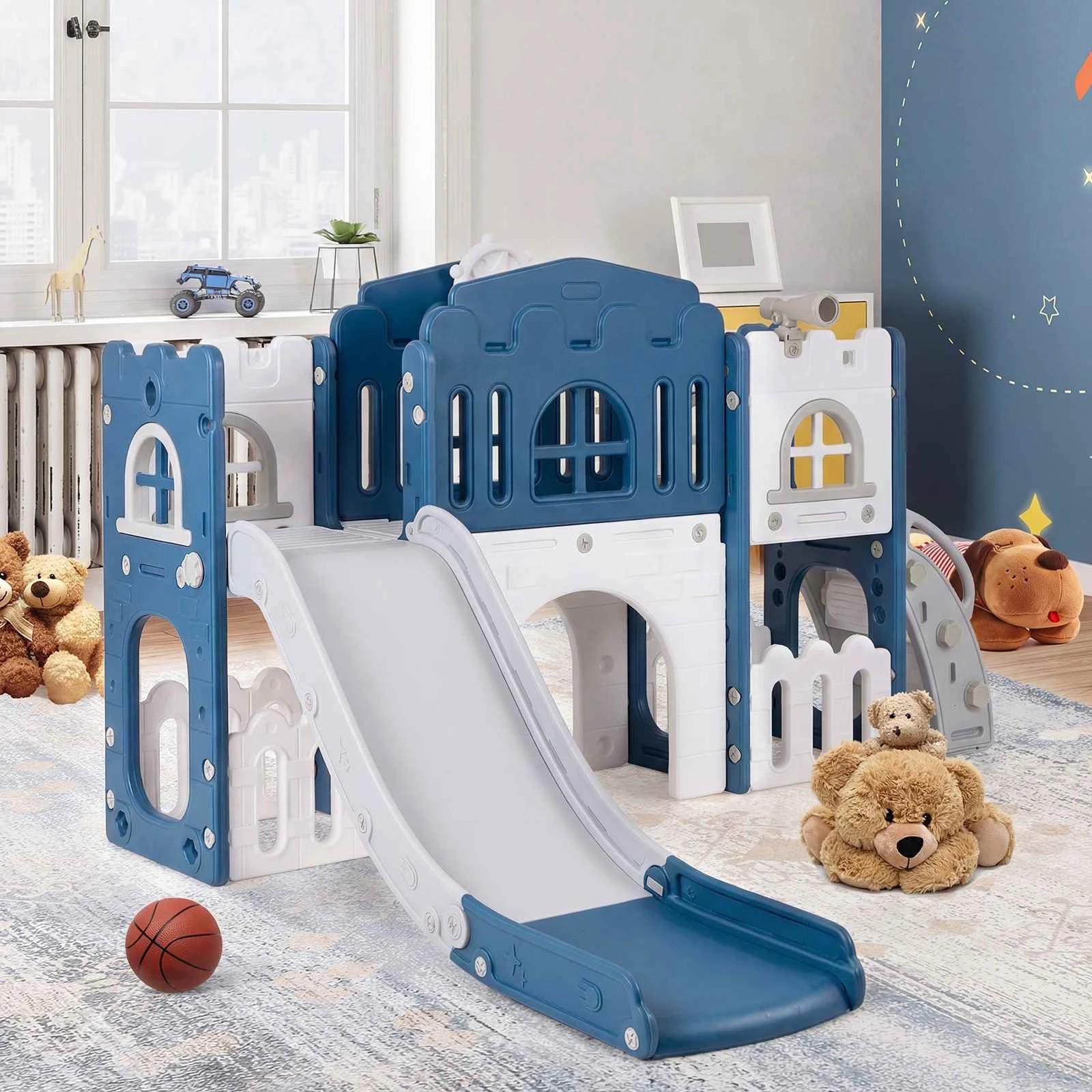 2 Costway Play Slide Set w/Basketball Hoop Climber Playset Activity Center - Blue, 2 of 2