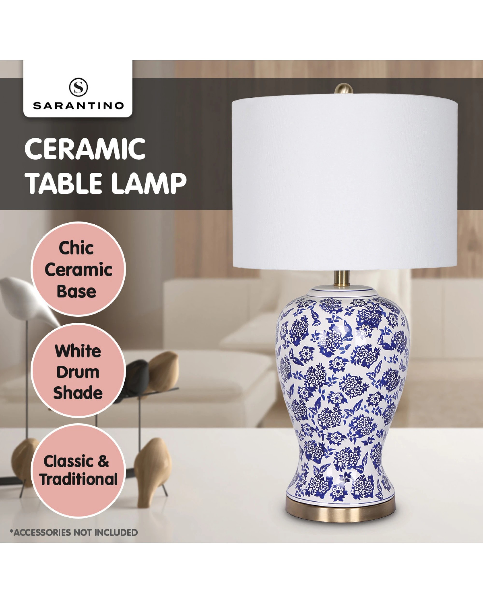 8 Sarantino Hand-Painted Floral Ceramic Table Lamp with Cotton Drum Shade - White, 8 of 8