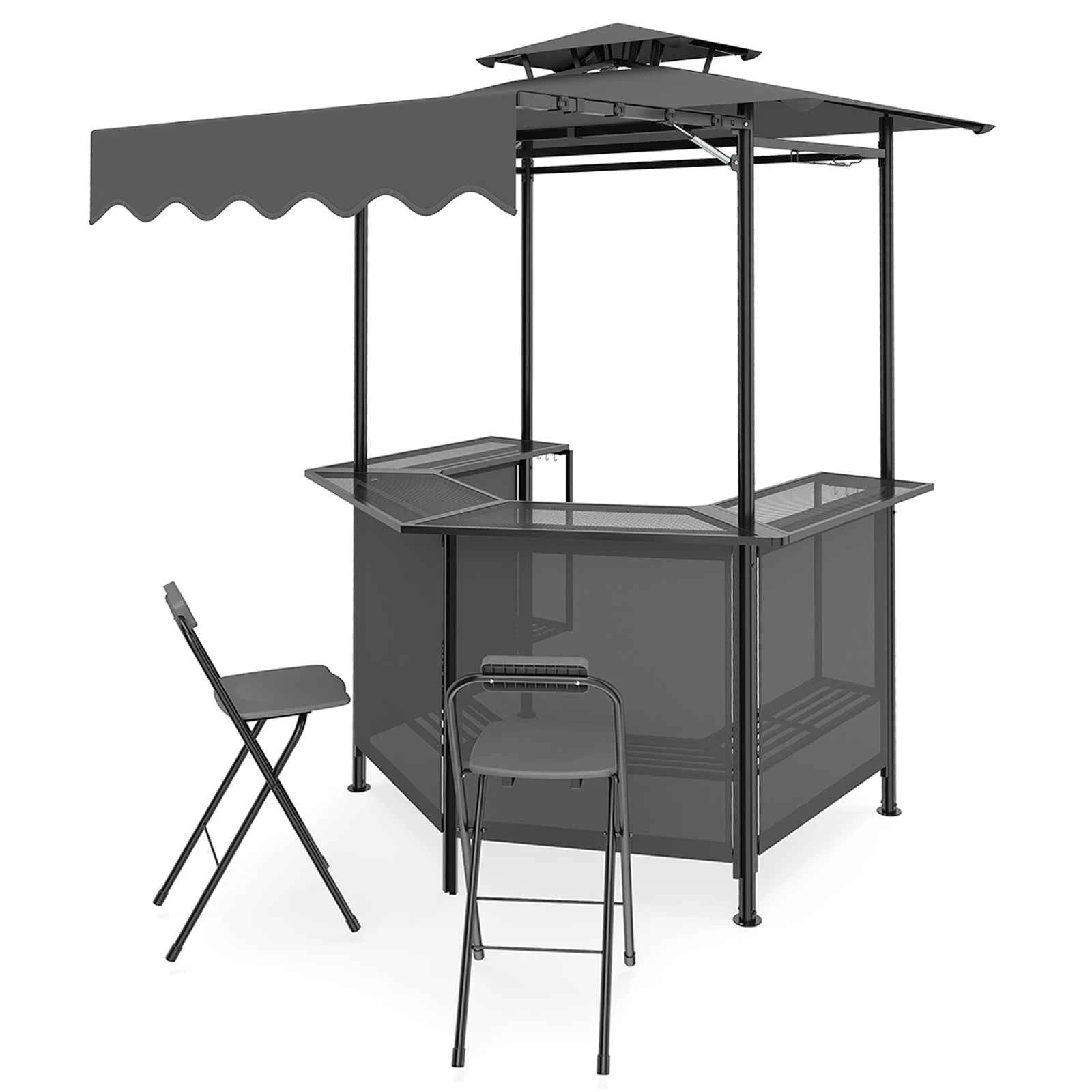 1 Costway 3-Piece Patio Bar Set Outdoor BBQ Canopy Table & 2 Folding Stool Grill Gazebo Shelter - Grey, 1 of 2