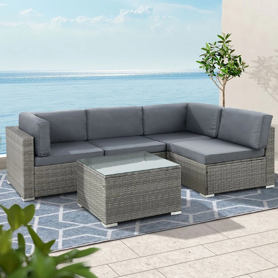 3 Gardeon 5-Piece Outdoor Sofa Set Wicker Couch Lounge Setting 4 Seater Durable Space Saving Modern Decor - Grey, 3 of 7