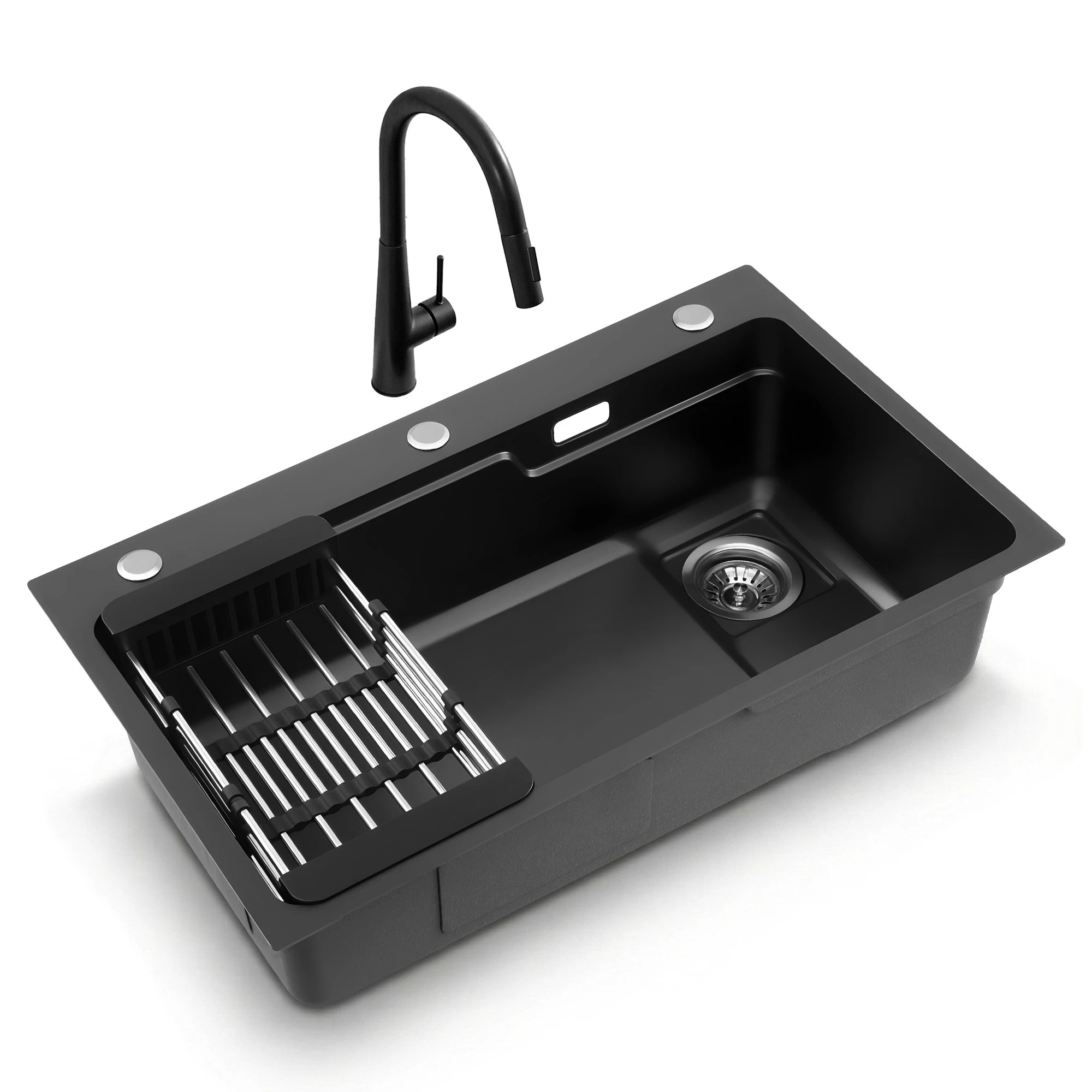 1 Cefito Stainless Steel Sink 75x45CM With Pull Out Mixer Tap Kitchen Basin Single - Black, 1 of 2