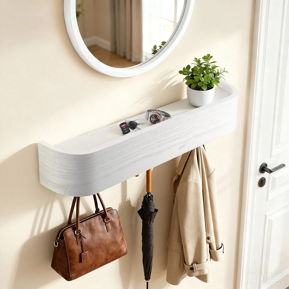 3 Ausway Wall Mounted Coat Rack 5 Hooks Clothes Hanger Hat Jacket Towel Key Holder Organiser Wooden Storage Shelf Hallway, 3 of 9