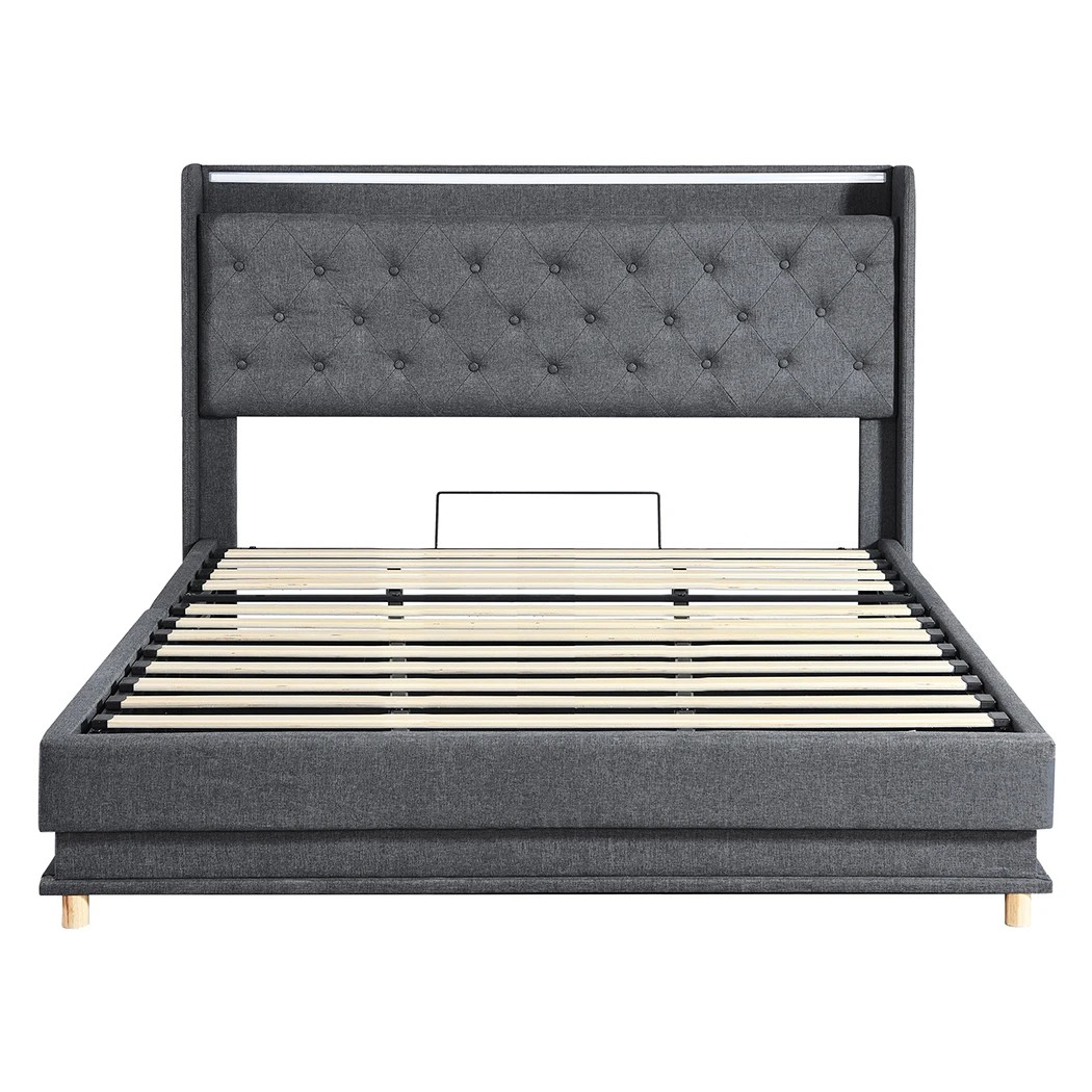 2 Levede K Size Bed Frame Fabric with LED and Charging Station, 2 of 8