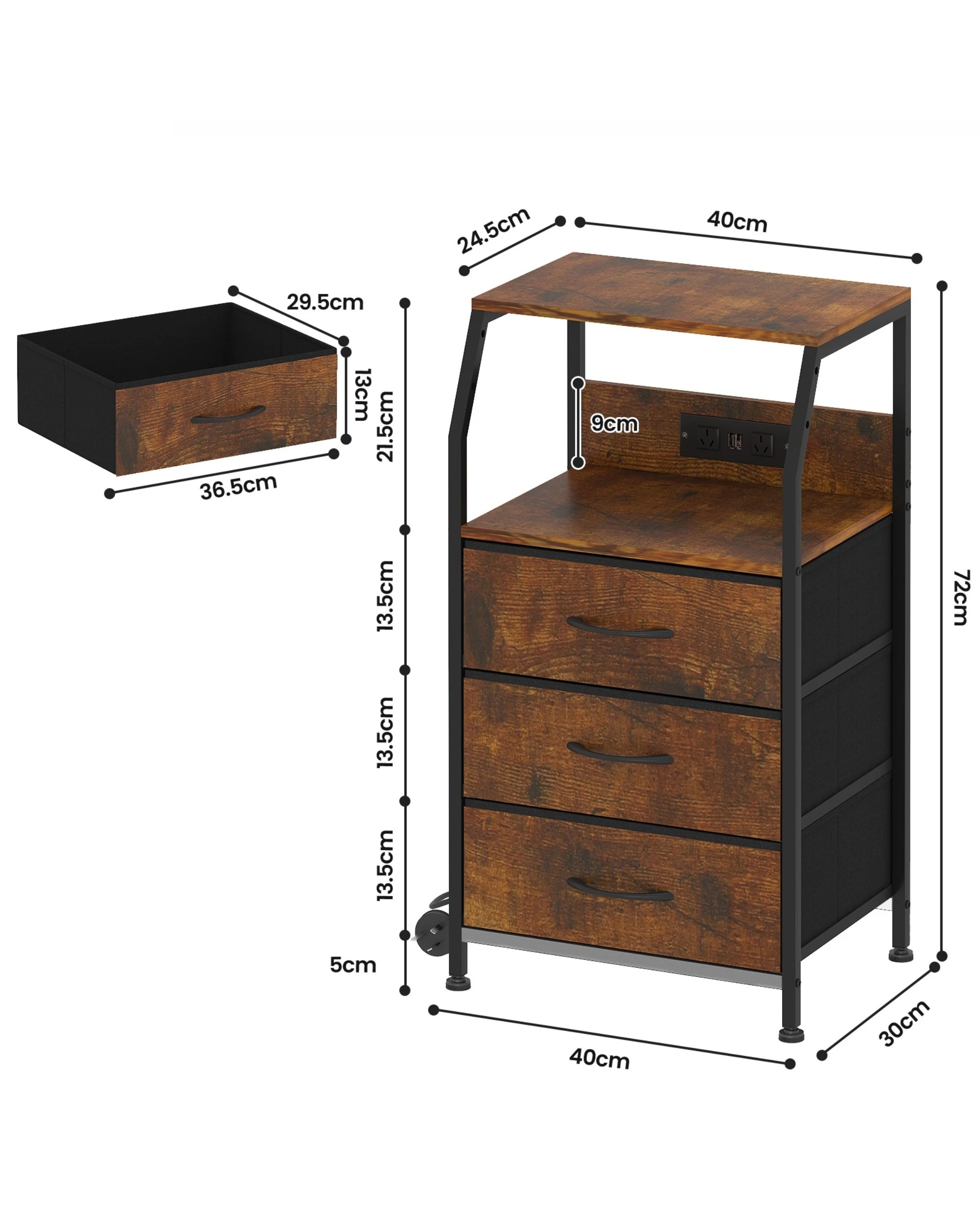 3 Advwin Bedside Table with Charging Station 3 Fabric Drawers - Brown, 3 of 7