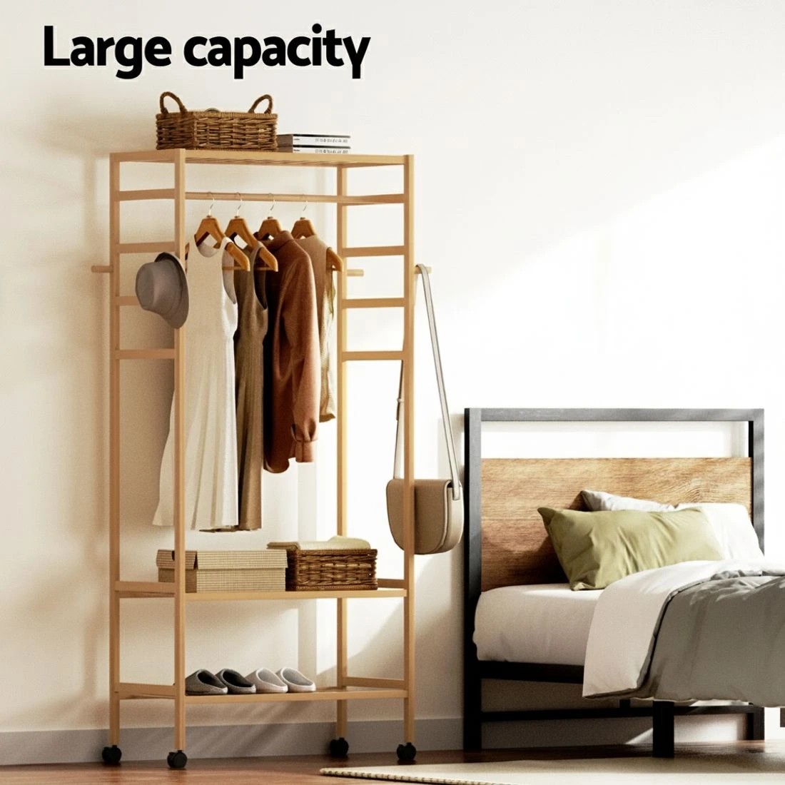 3 Artiss Clothes Rack Wardrobe Coat Stand 169cm - Beige, 3 of 5