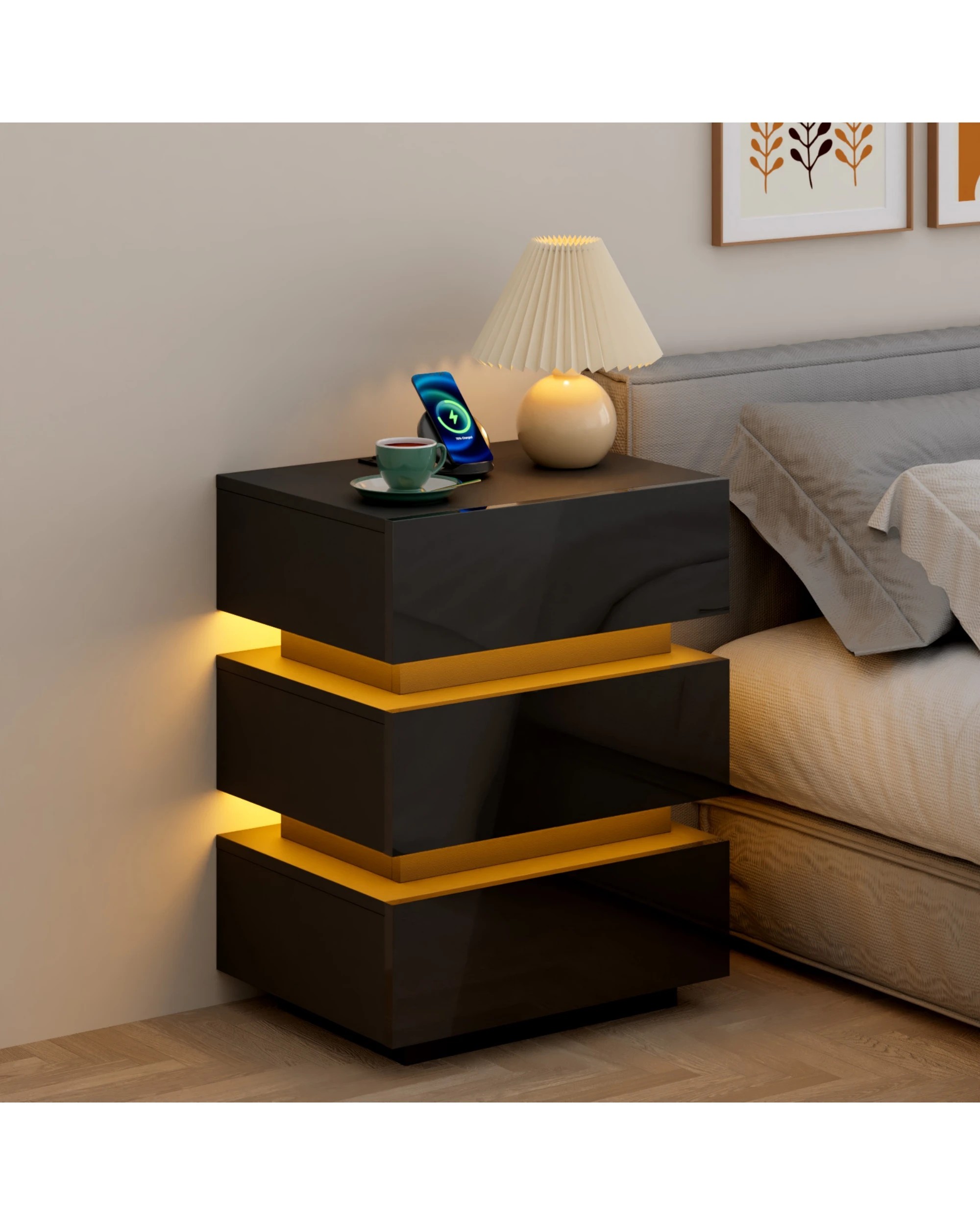 4 Advwin 2x Bedside Table 3 Drawers With with Charging Station & LED Light - Black, 4 of 7