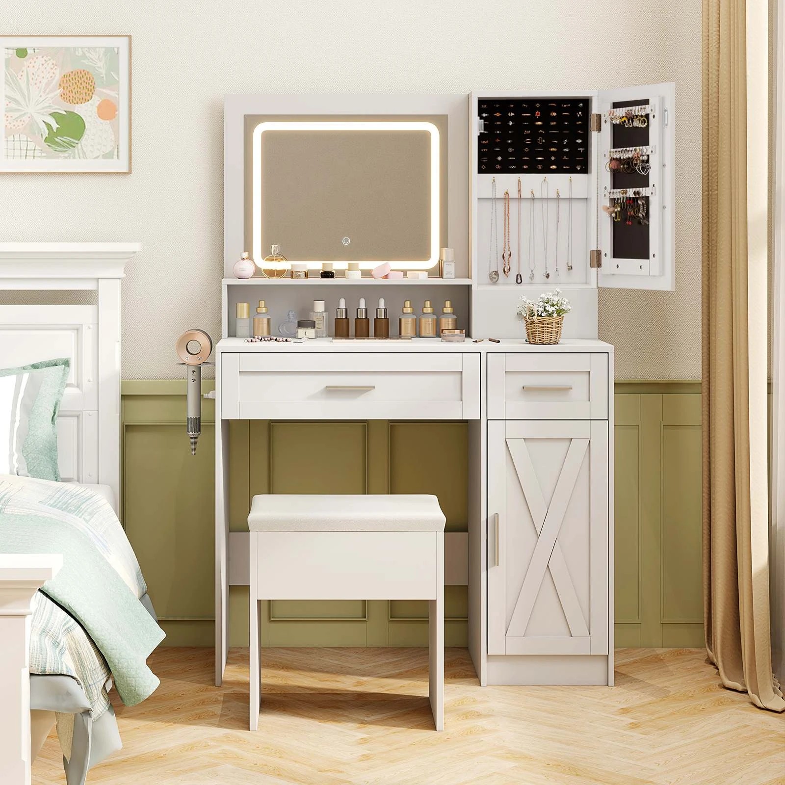2 Costway Dressing Table Makeup Vanity Table and Stool Set w/Mirror & 3-Color LED Lights, 2 of 4