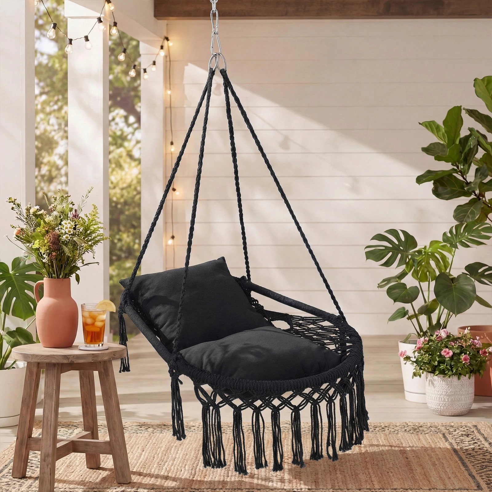 3 Costway Macrame Swing Chair Boho Rope Hanging Hammock Chair - Black, 3 of 4