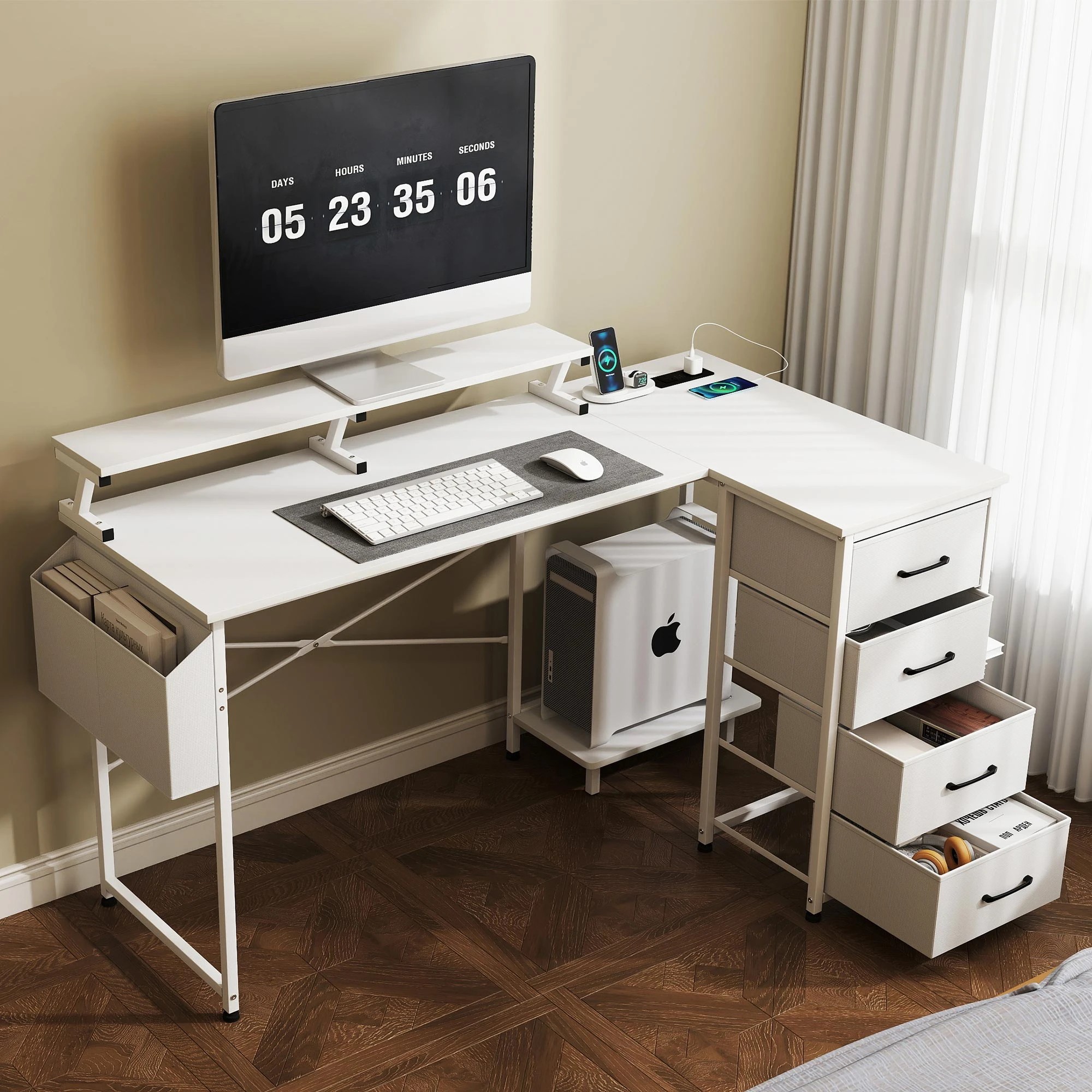 7 Levede L Shaped Gaming Desk with LED Storage Drawers Power Outlet - White, 7 of 9