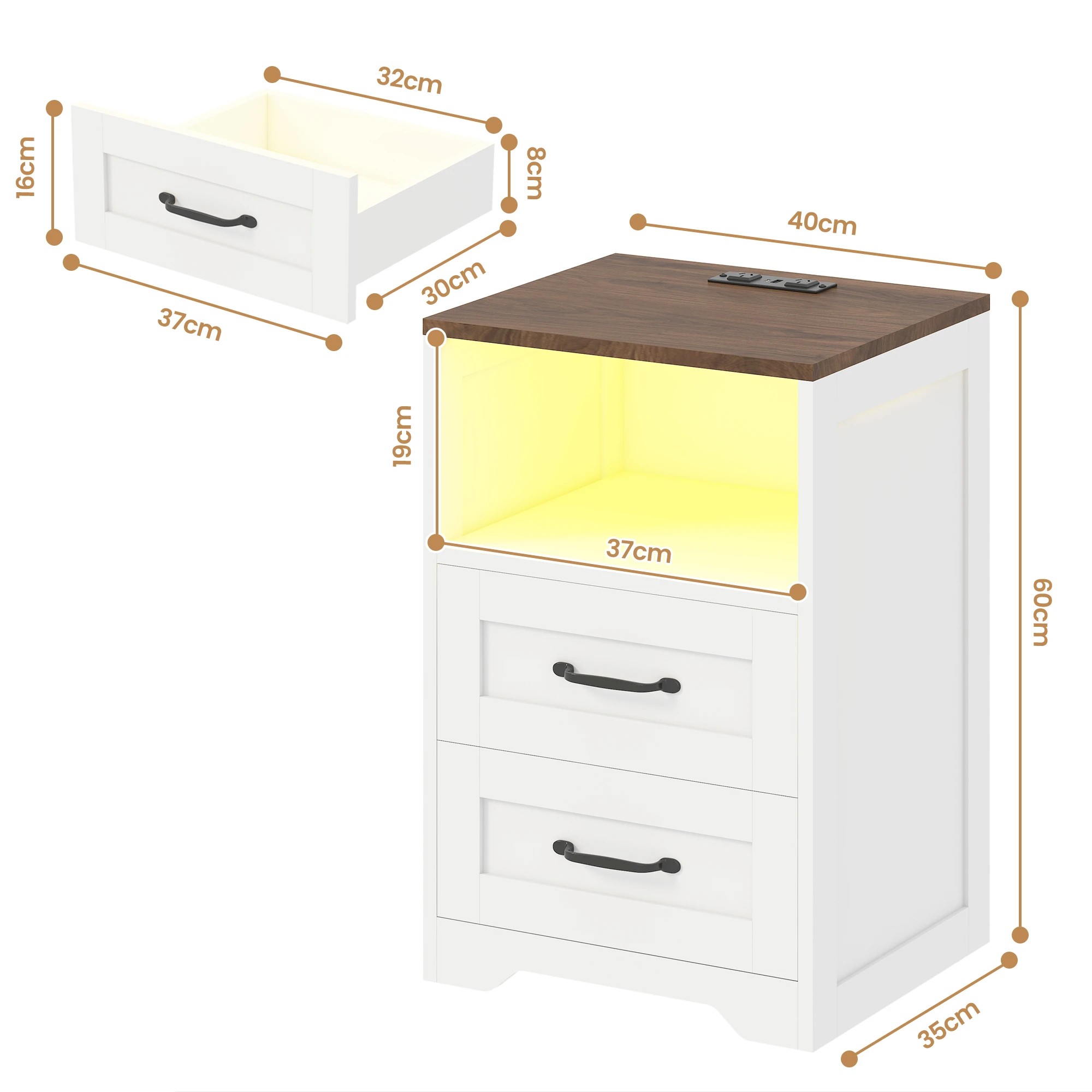 3 Advwin Set of 2 Farmhouse Bedside Table with 2 Drawers, Charging Station & LED Light - White, 3 of 8
