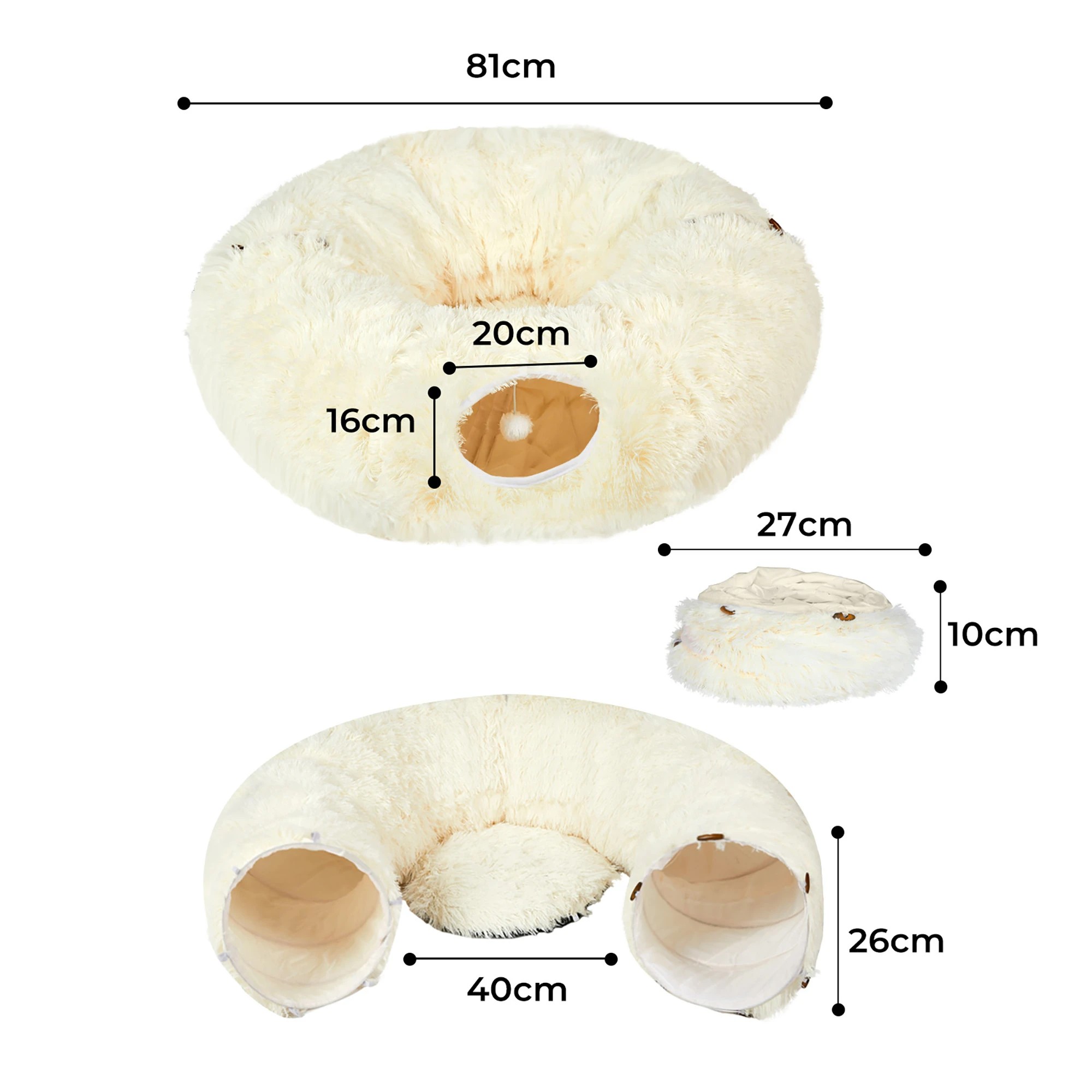 3 Pawz Cat Tunnel Soft Mat Foldable Funny Exercise Plush Kitten Play Tube Beige, 3 of 8