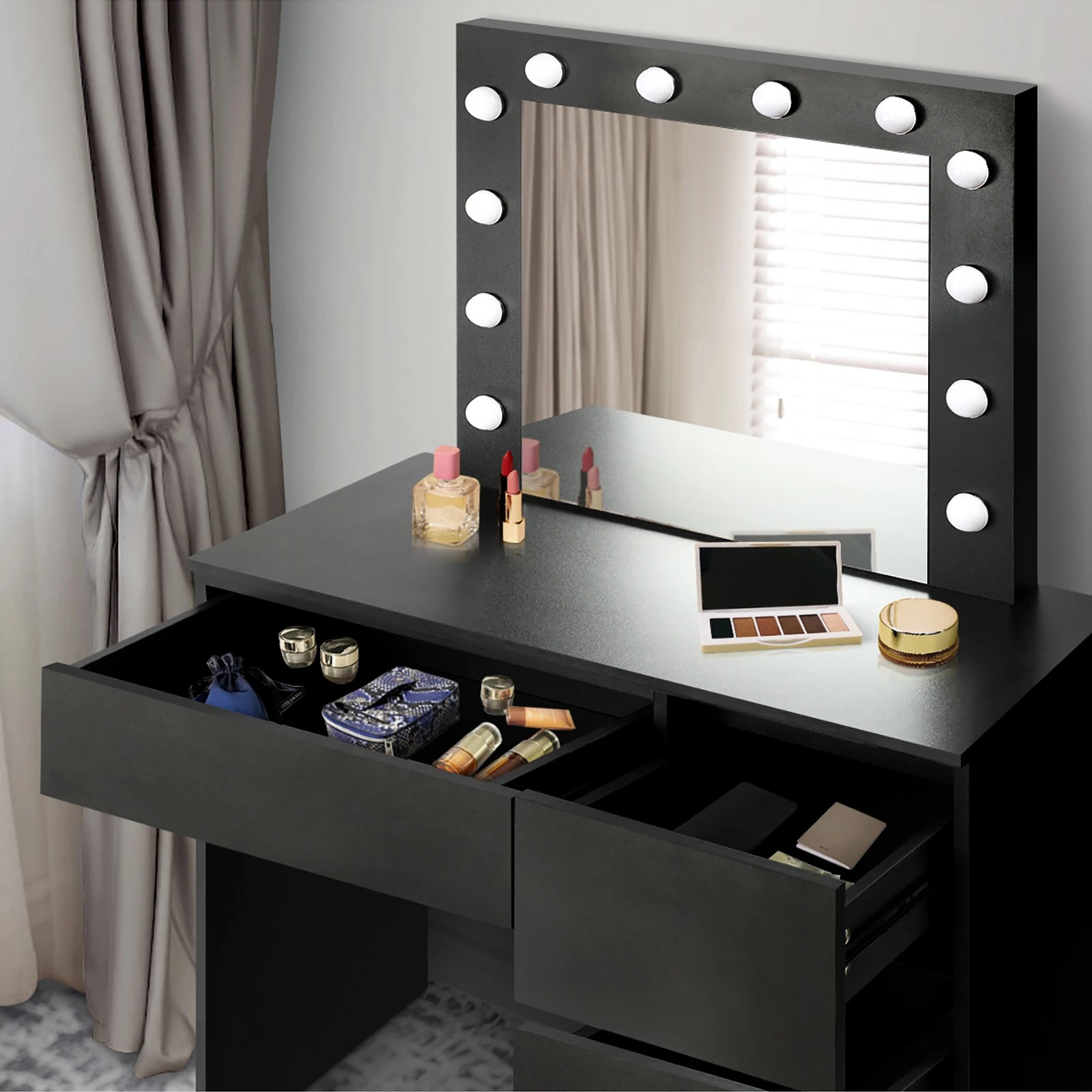 5 Oikiture Dressing Table Stool Set Makeup Desk Mirror Storage 12 Led Bulbs
 - Black, 5 of 9