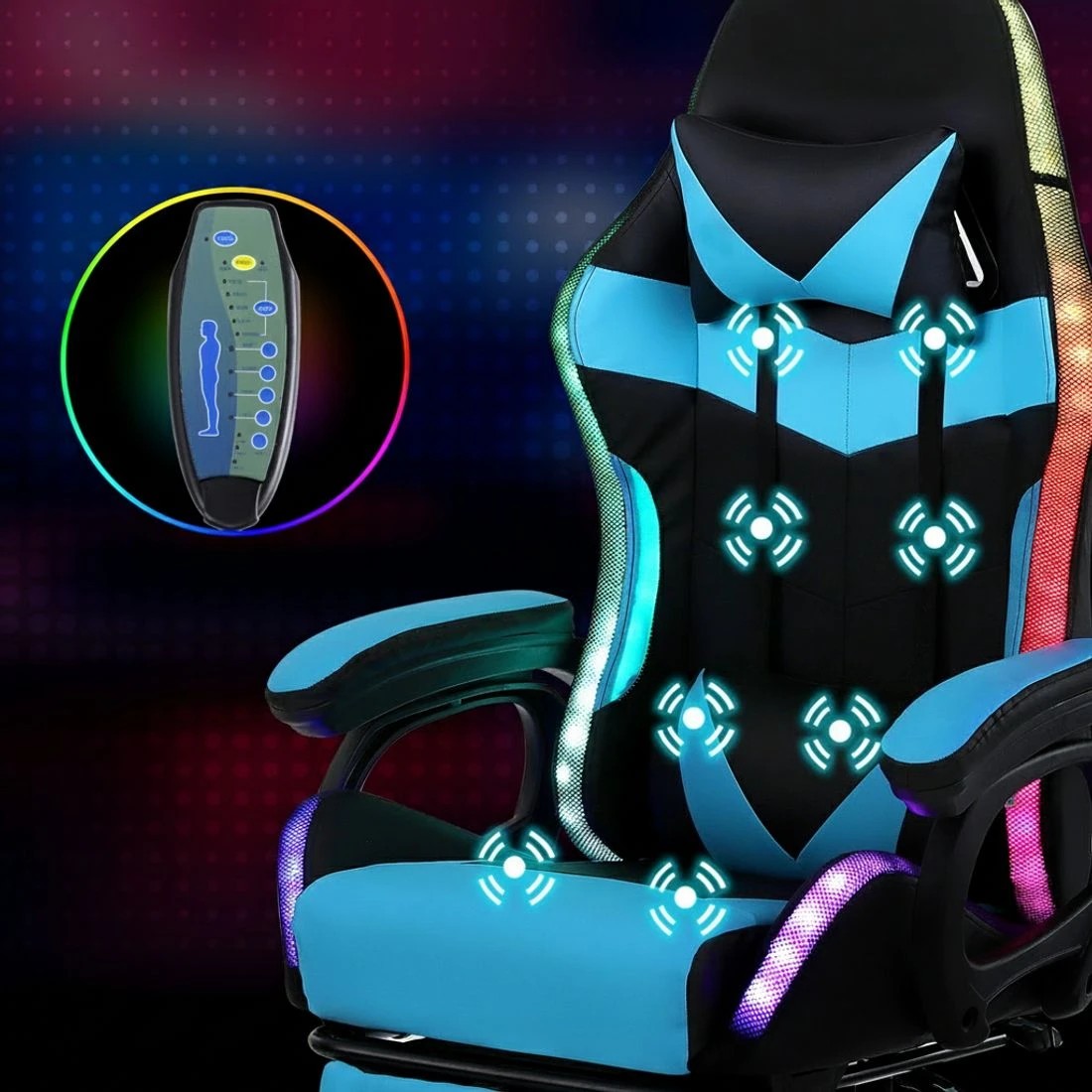 5 Artiss Gaming Office Chair 12 RGB LED Massage Computer Work Seat Footrest Cyan - Multi, 5 of 7