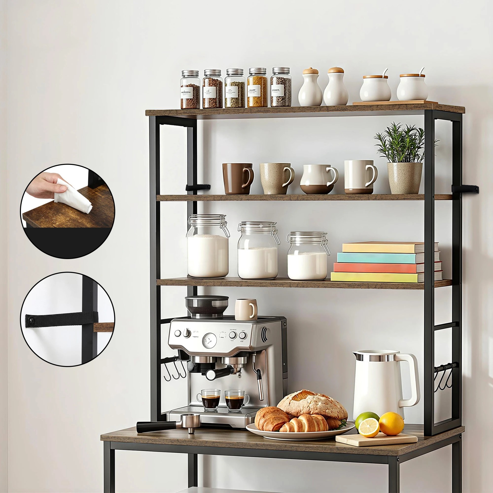 6 Artiss 6-Tier Kitchen Rack with 6 Hooks Microwave Metal Storage Shelf 80cm x 167cm - Brown, 6 of 9