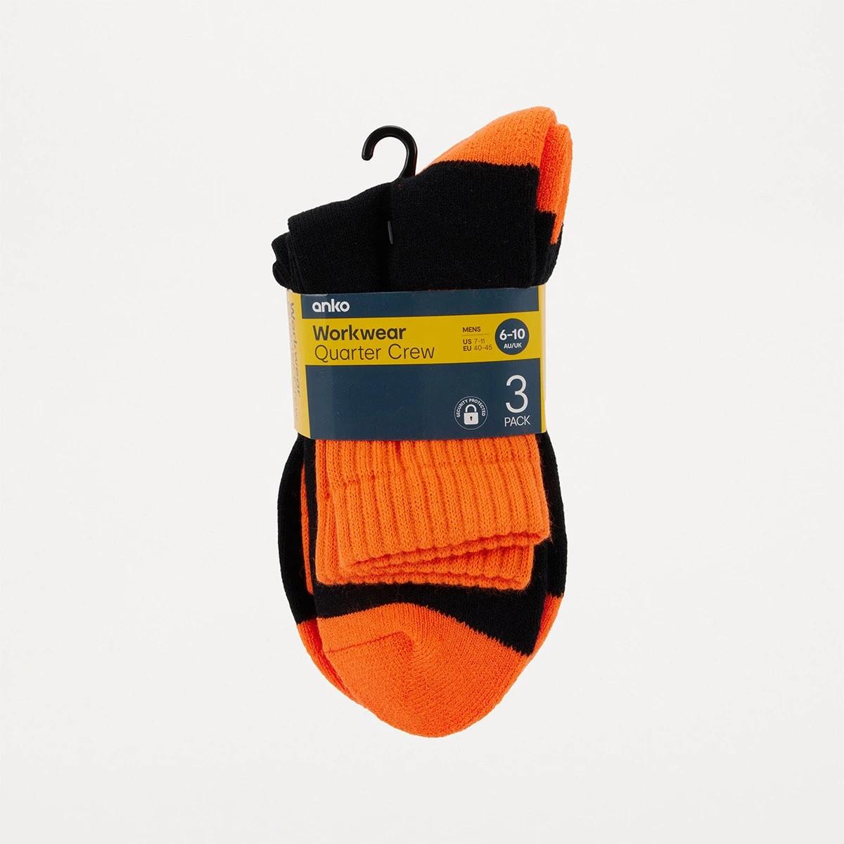 3 3 Pack Quarter Crew Work Socks BLACK ORANGE TOP, 3 of 3