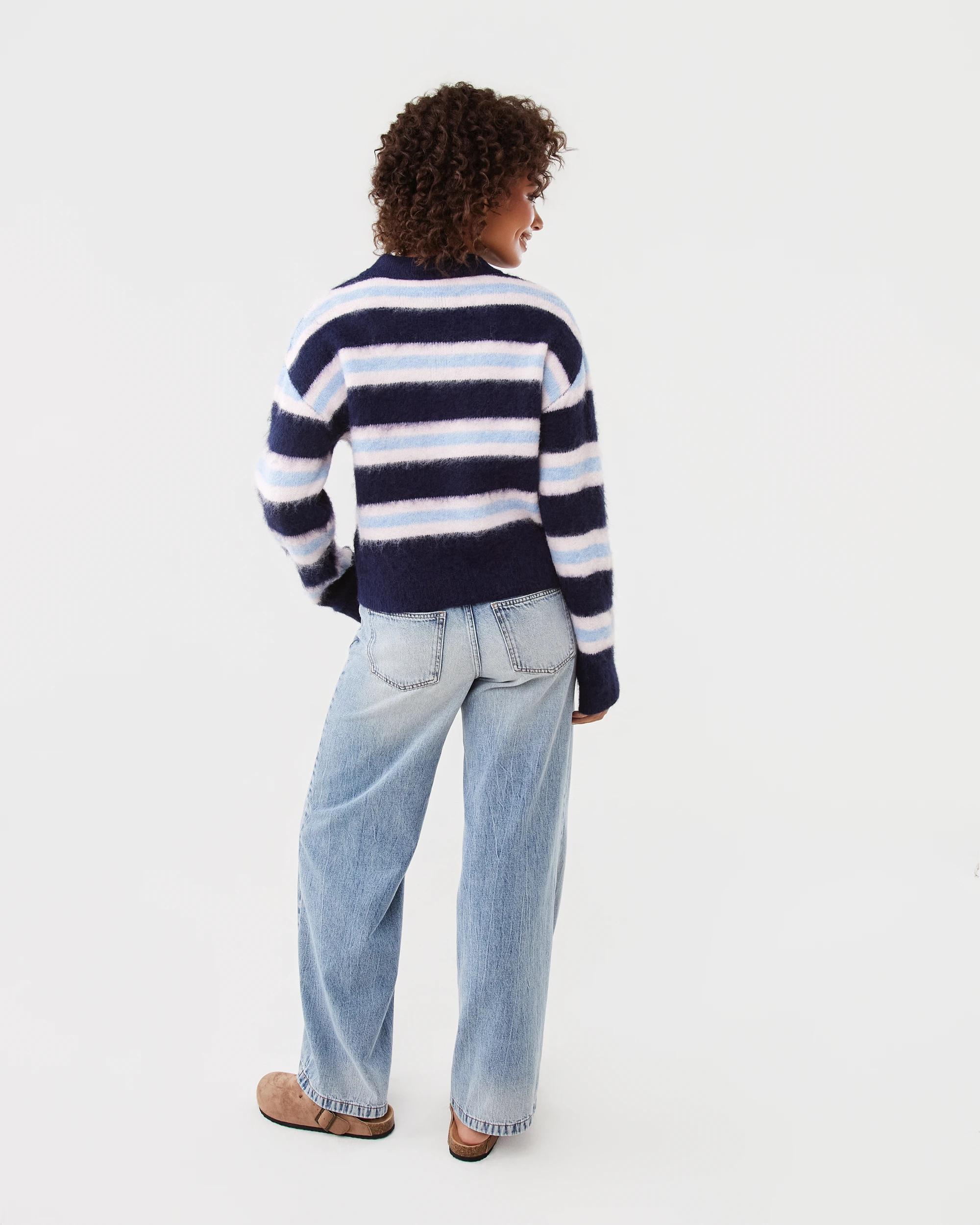 4 Long Sleeve Fluffy Polo Jumper Blu Stripe, 4 of 6
