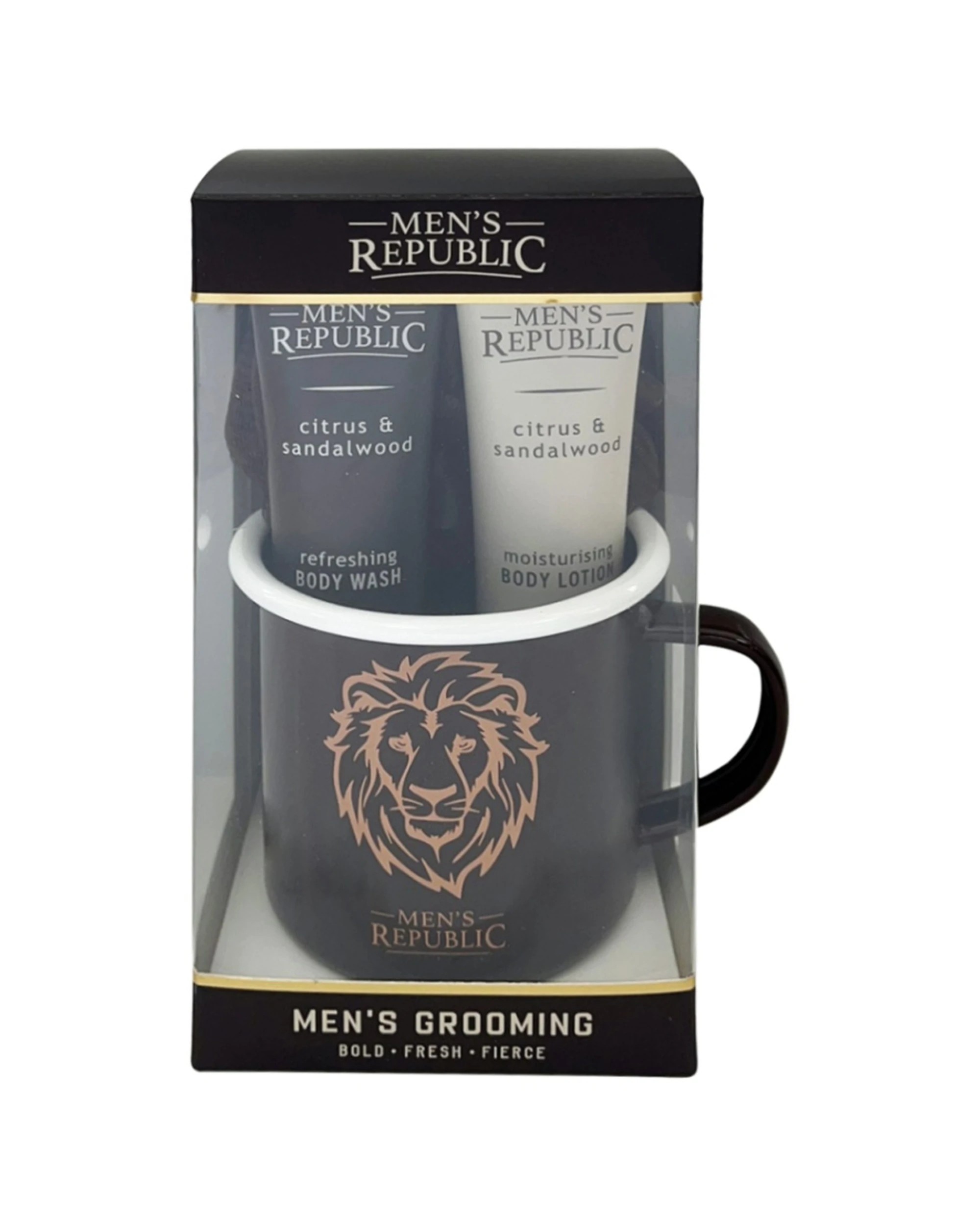 1 Men's Republic 4pc Men's Republic Grooming Set With Mug Body Wash Lotion Shower Loofah Kit - Black, 1 of 7