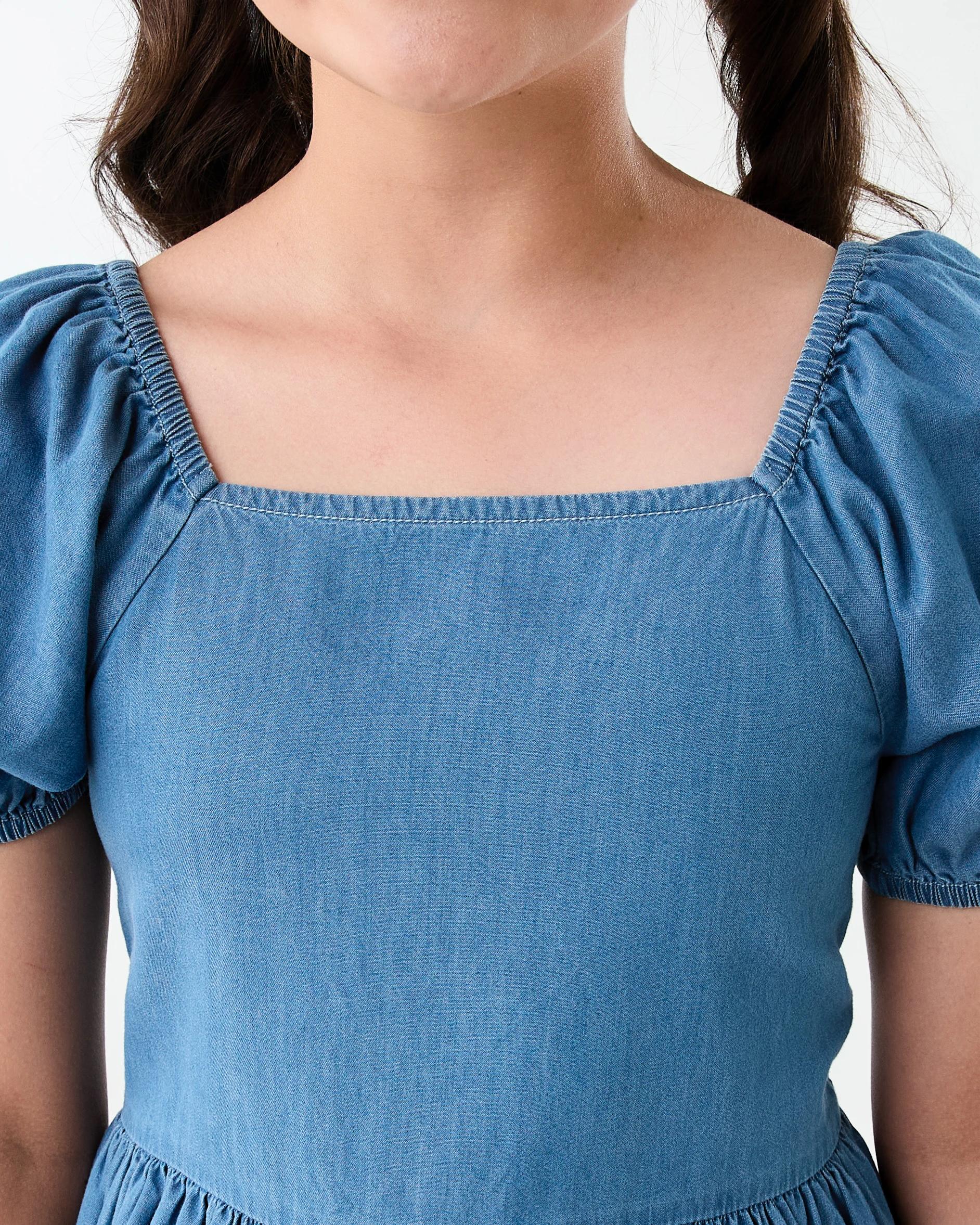 4 Puff Sleeve Woven Dress Mid Wash, 4 of 9