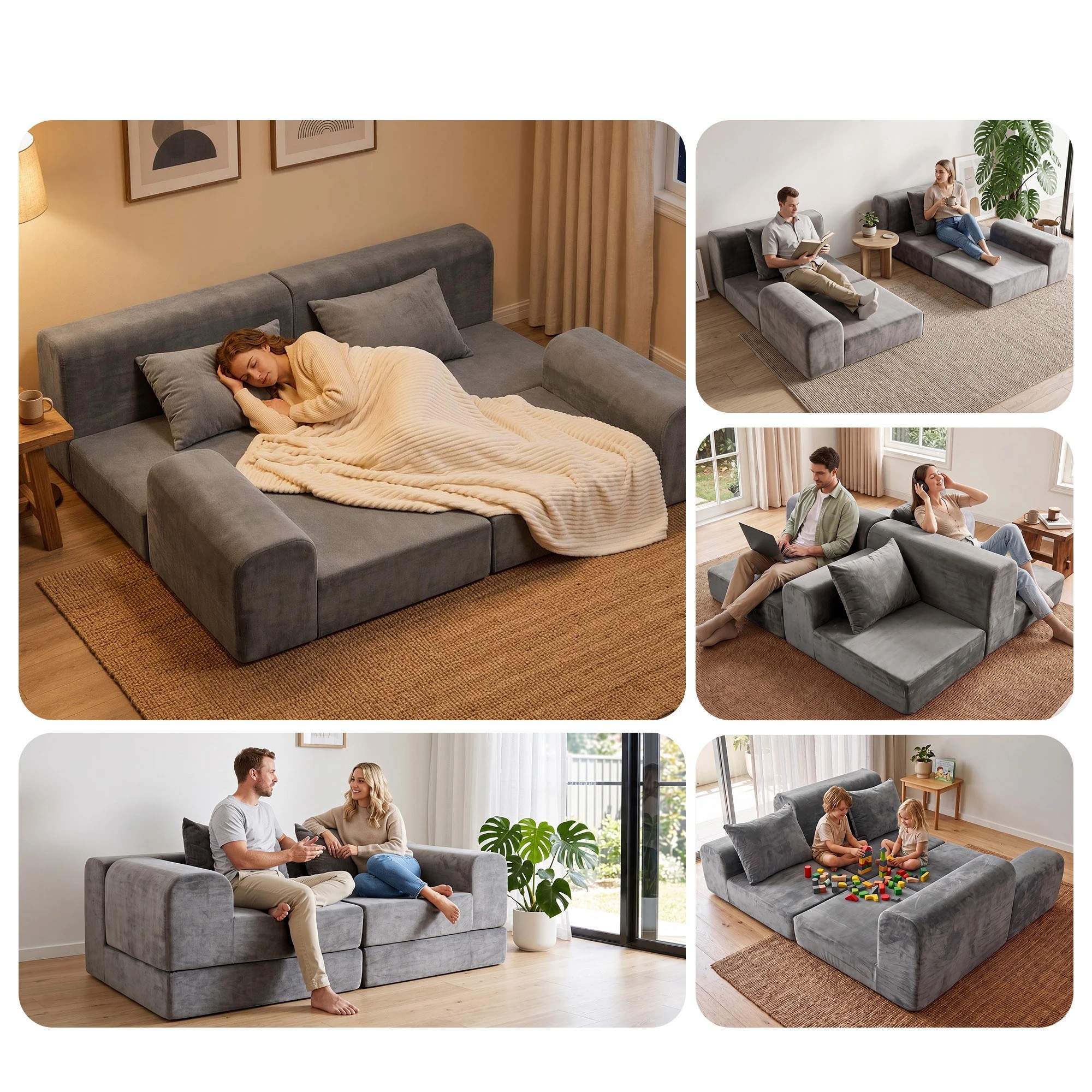 4 Artiss 5-in-1 Convertible Sofa Bed Floor Mattress Modular Boneless Curved Couch - Grey, 4 of 10