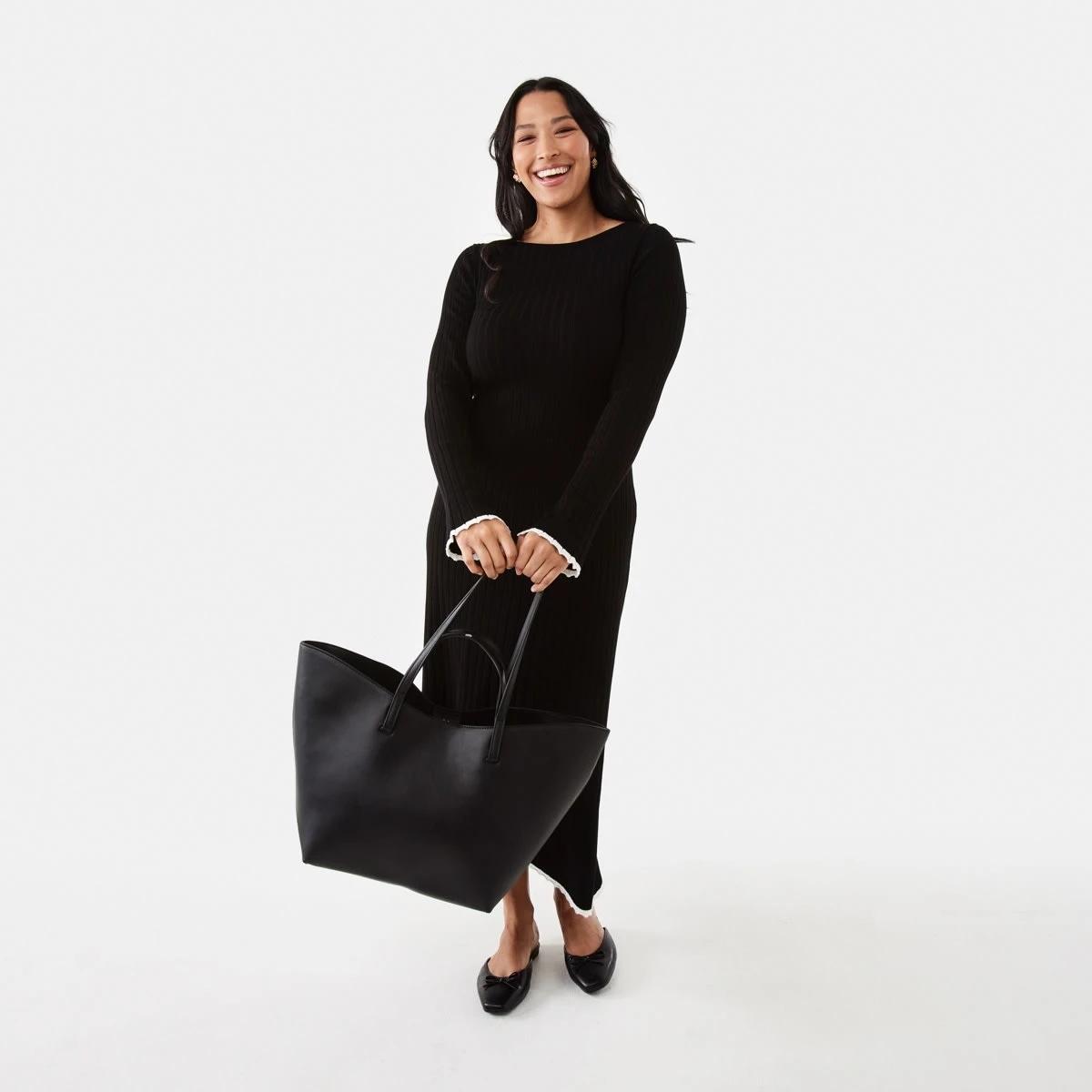 8 Long Sleeve Contrast Edge Rib Maxi Dress Black, 8 of 8