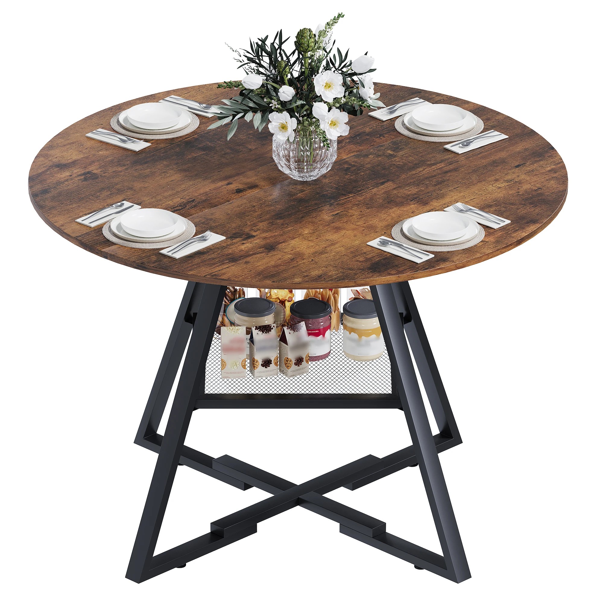 6 Advwin 107cm Round Dining Table for 4-6 People Industrial Kitchen Table Circle Dinner Table - Brown, 6 of 6